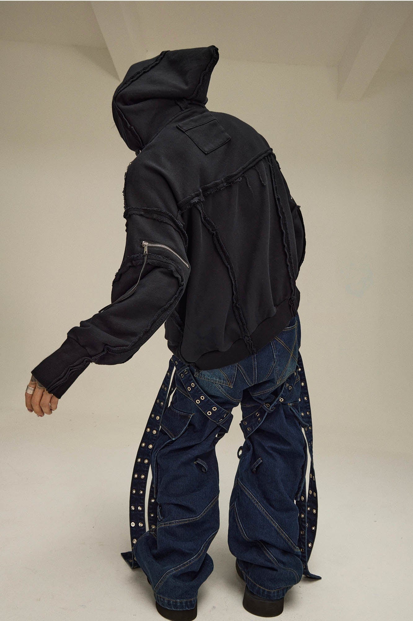 FLYERRER Asymmetrical Zip-up Frayed Hoodie, premium urban and streetwear designers apparel on PROJECTISR.com, FLYERRER