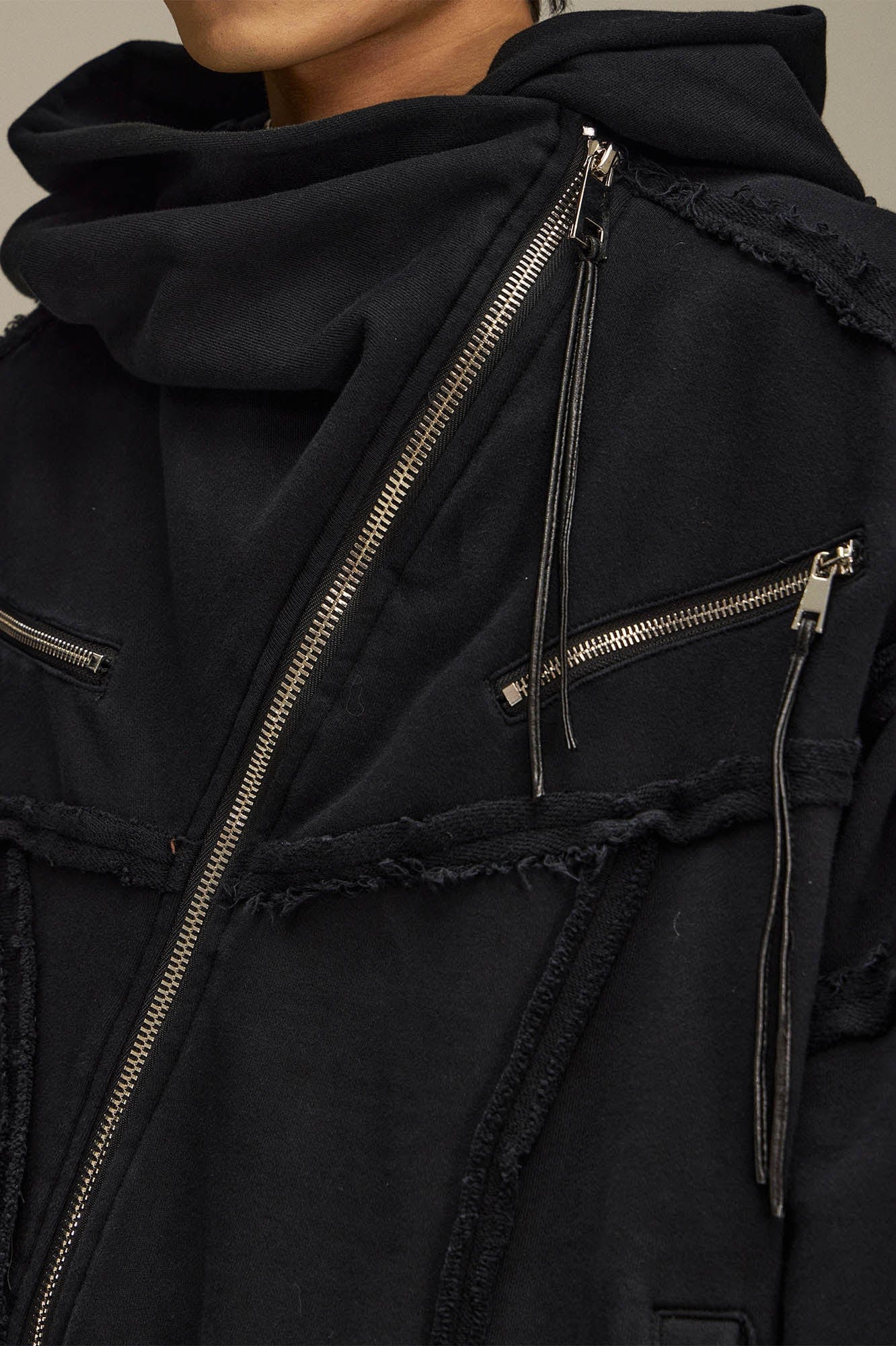 FLYERRER Asymmetrical Zip-up Frayed Hoodie, premium urban and streetwear designers apparel on PROJECTISR.com, FLYERRER