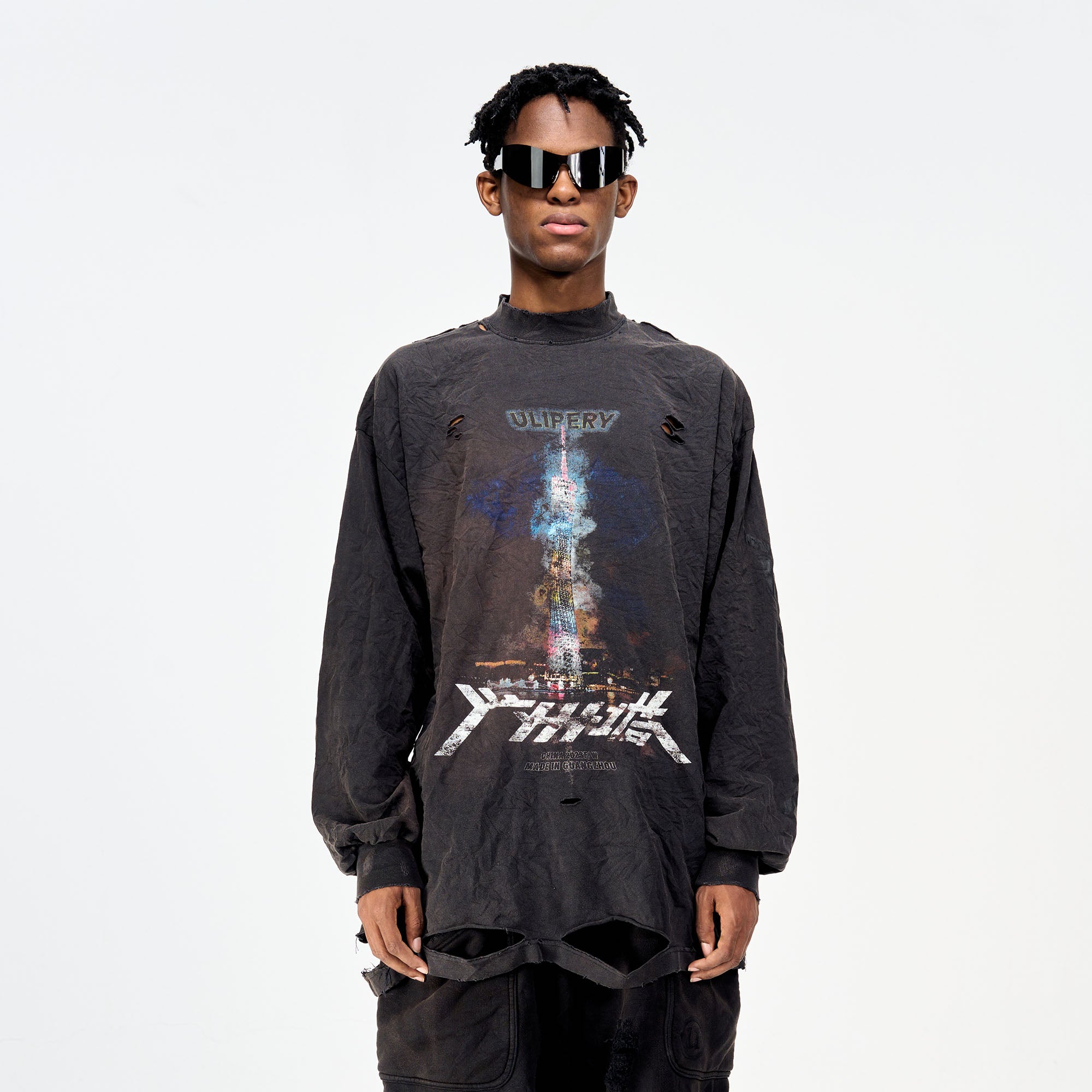 ULIPERY Distressed Glow Crinkled Long Sleeve Tee
