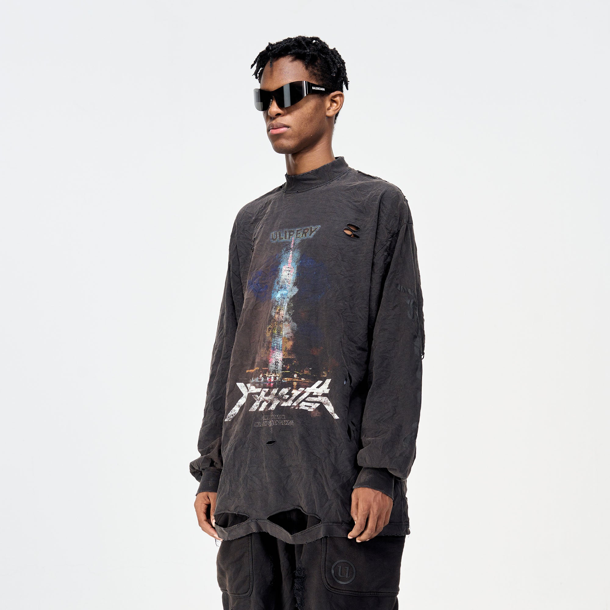 ULIPERY Distressed Glow Crinkled Long Sleeve Tee