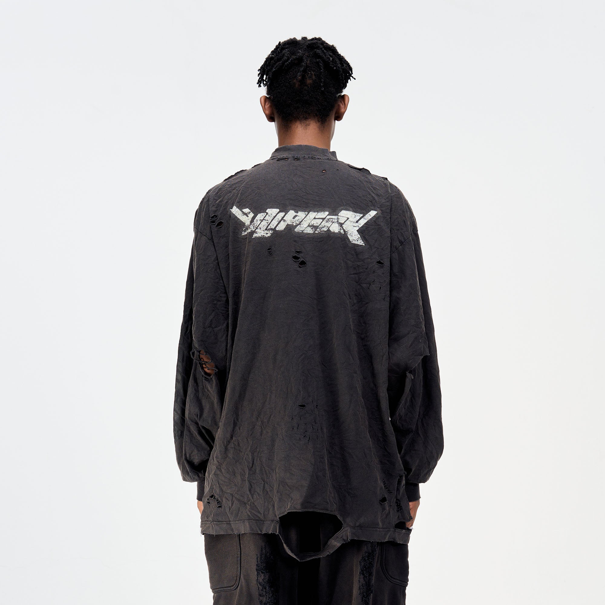 ULIPERY Distressed Glow Crinkled Long Sleeve Tee