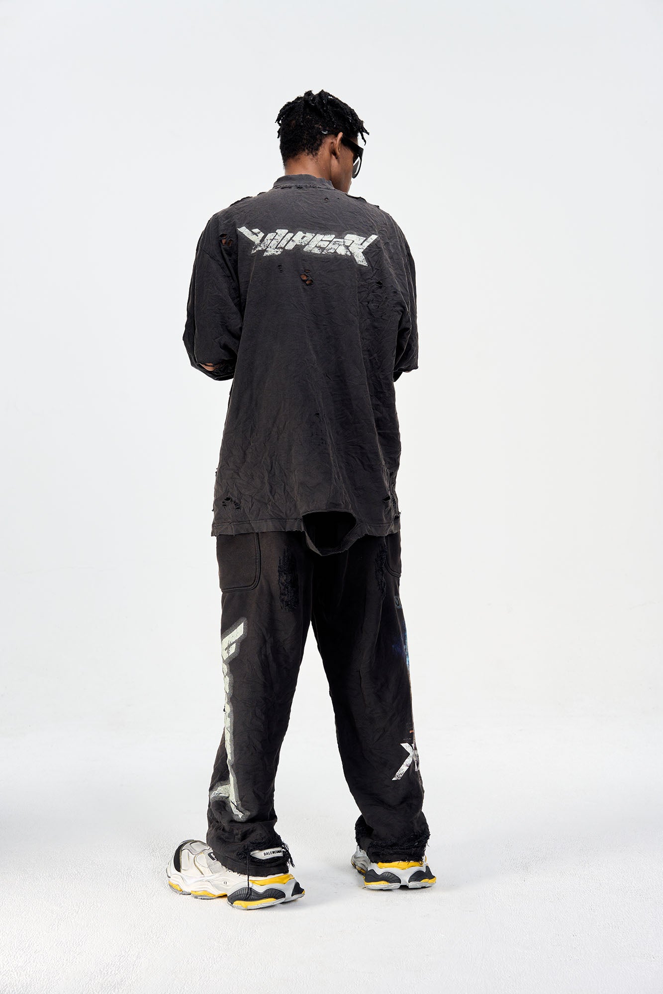 ULIPERY Distressed Glow Crinkled Long Sleeve Tee