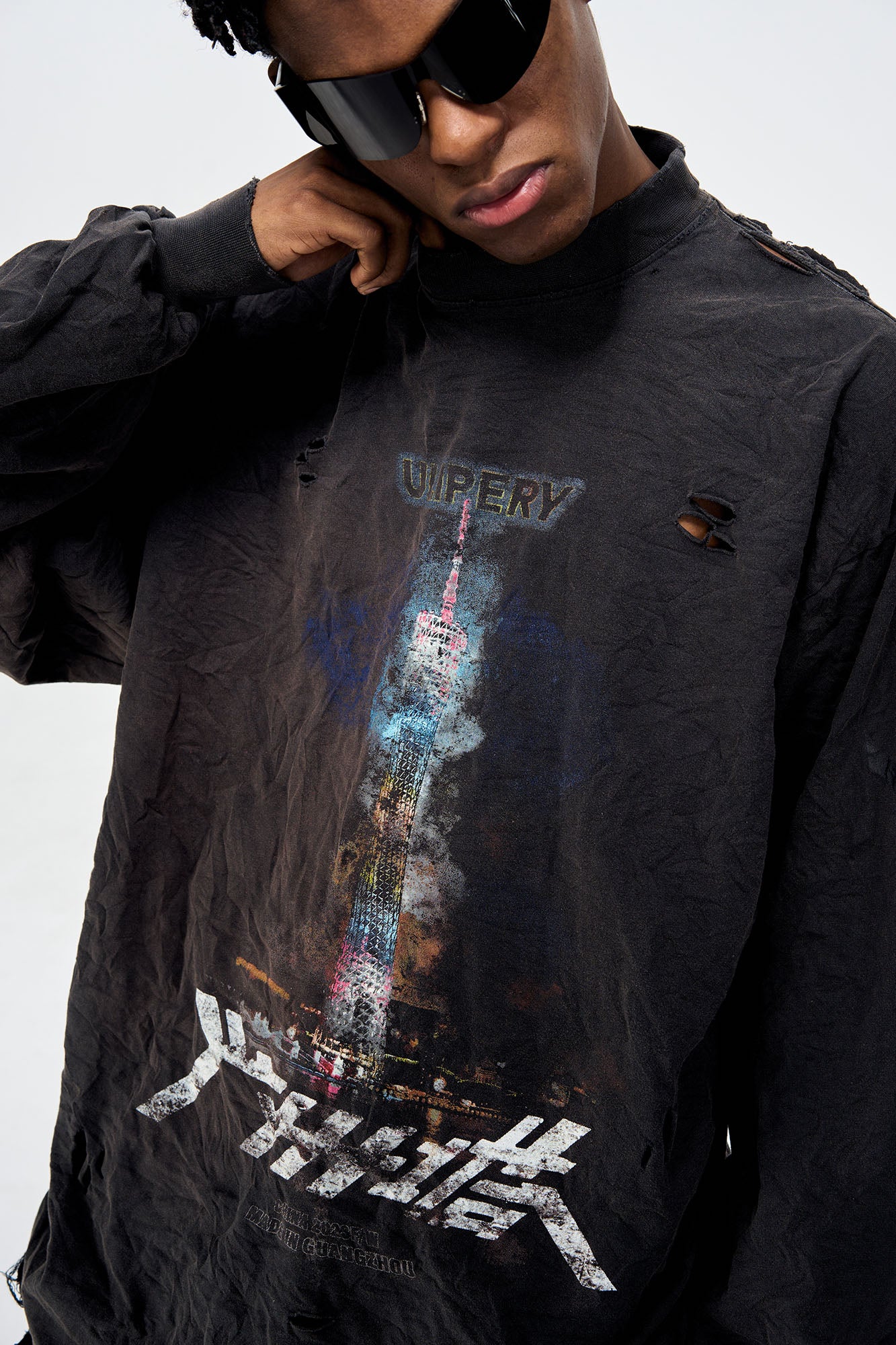 ULIPERY Distressed Glow Crinkled Long Sleeve Tee