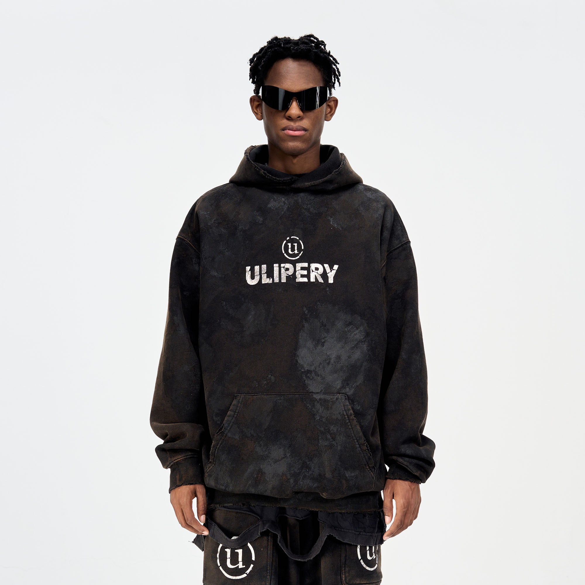 ULIPERY LOGO Mud-Wash Frayed Hoodie