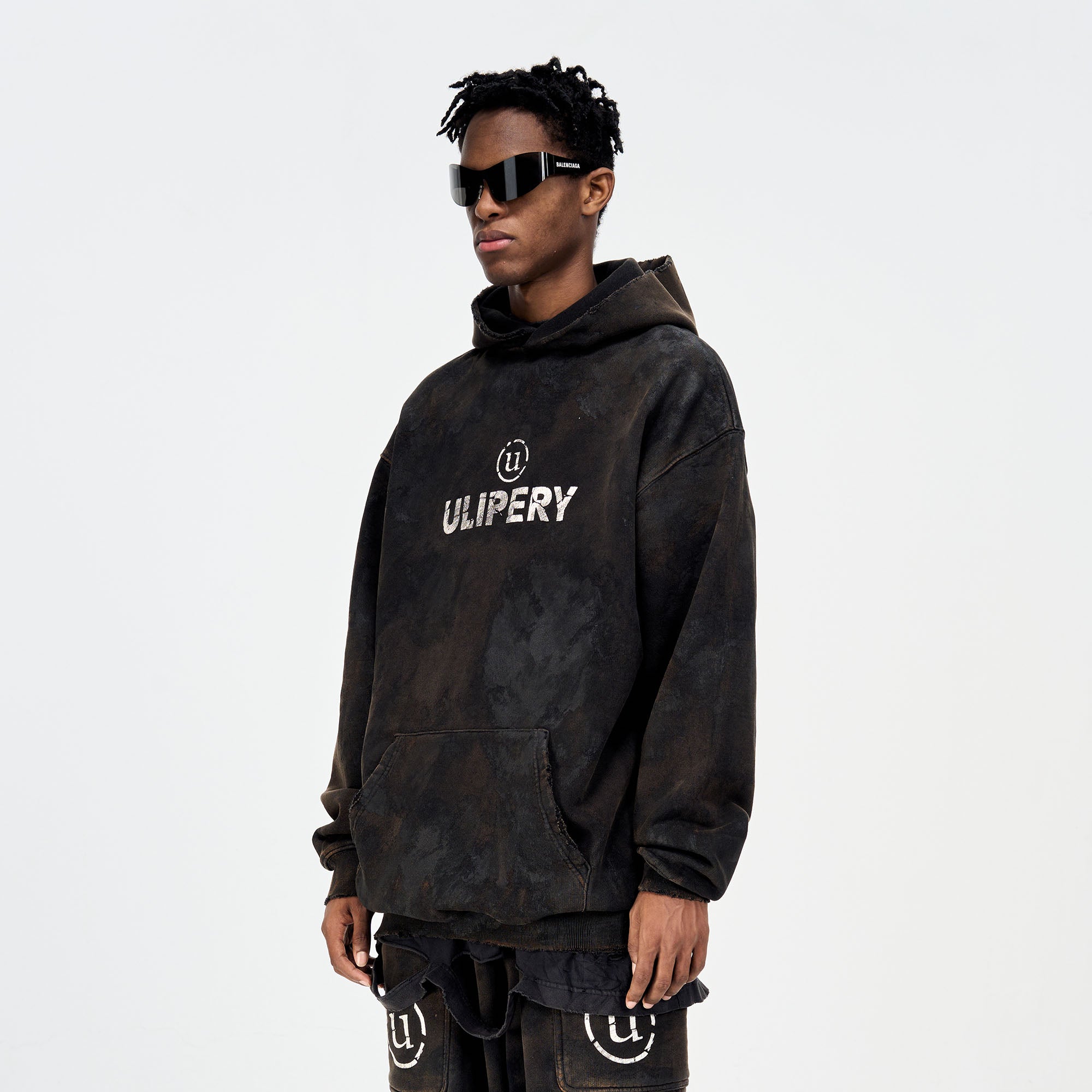ULIPERY LOGO Mud-Wash Frayed Hoodie