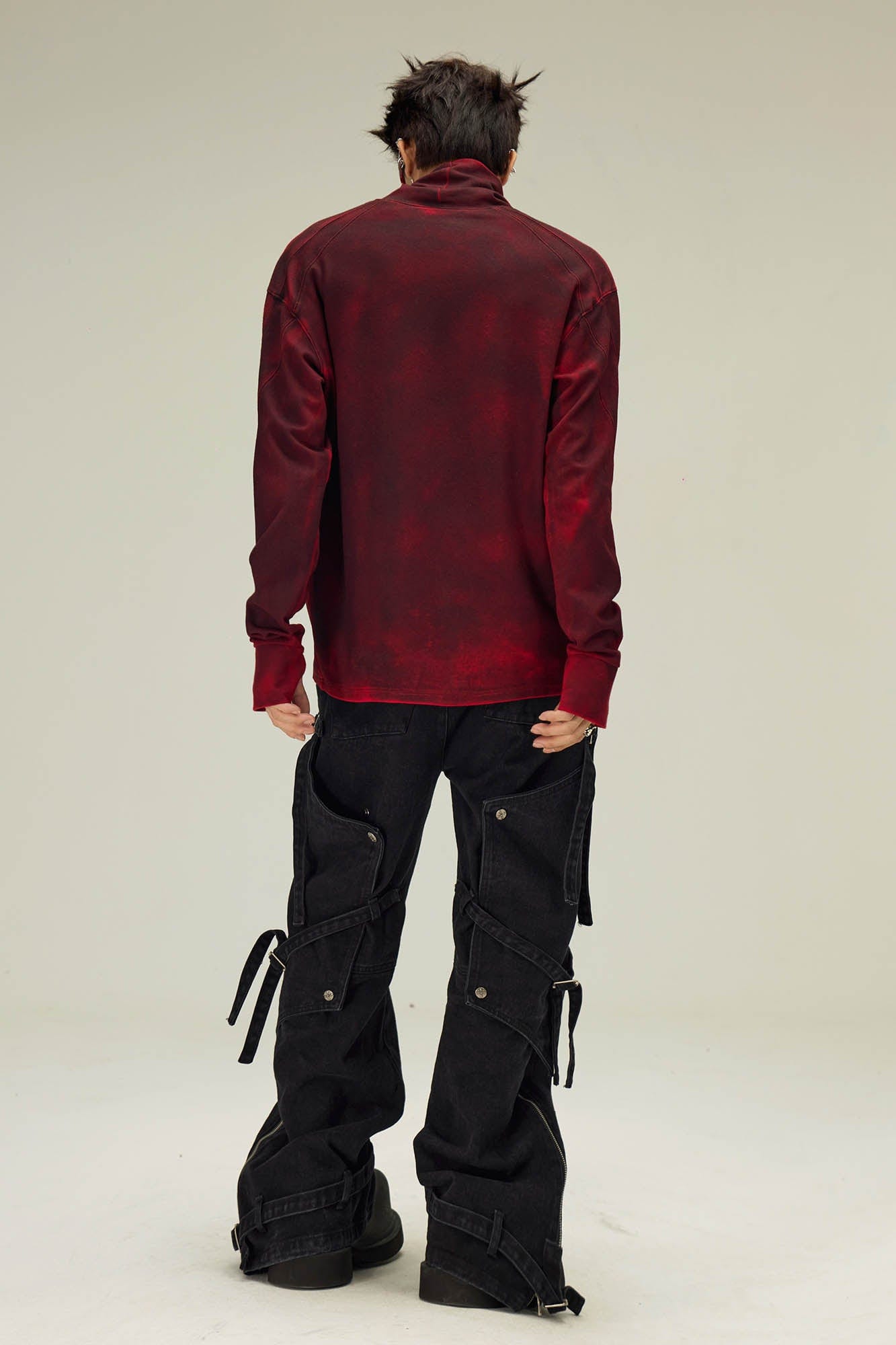 FLYERRER Distressed High-Neck Spliced Long-Sleeve Tee, premium urban and streetwear designers apparel on PROJECTISR.com, FLYERRER