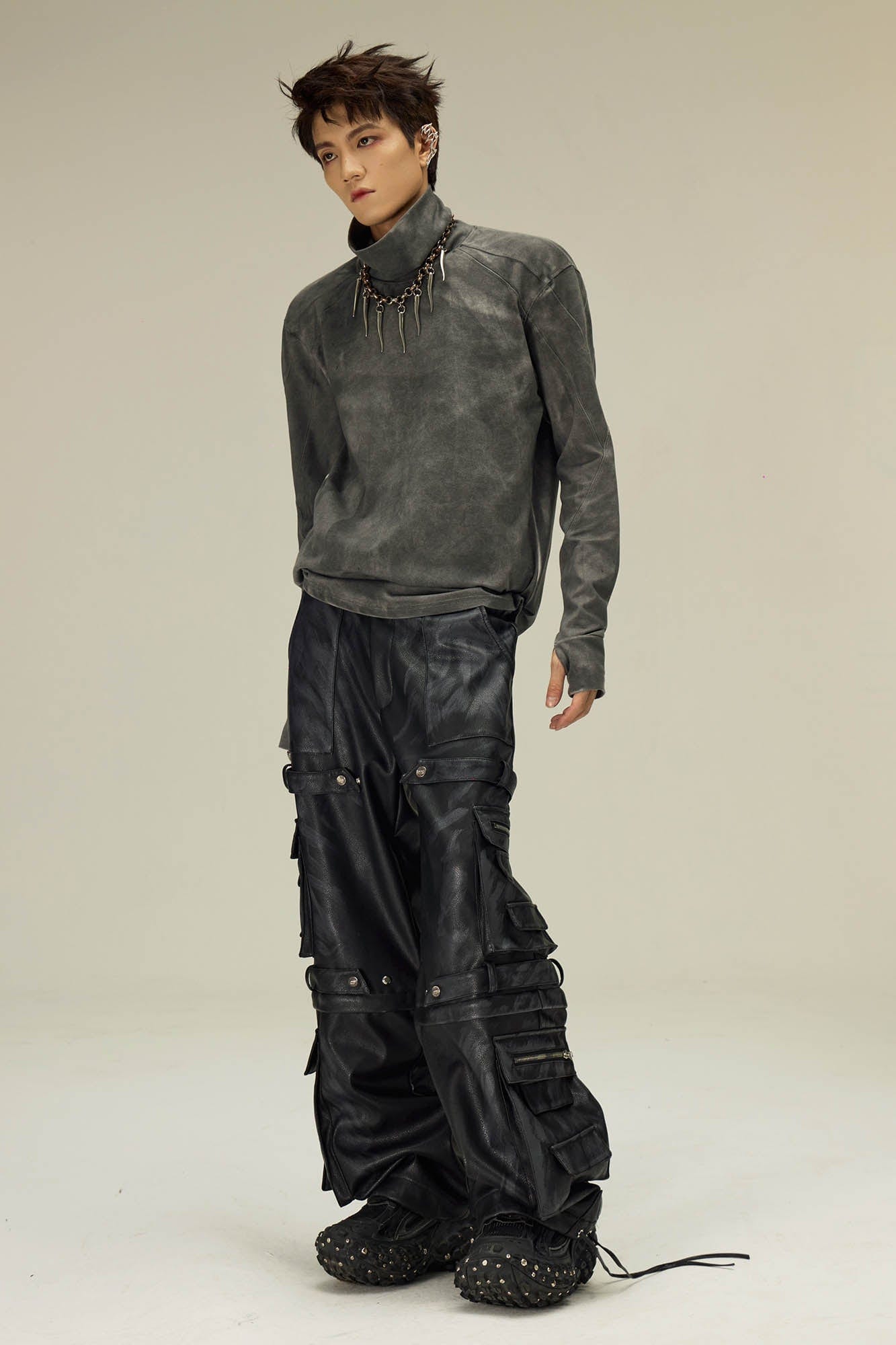 FLYERRER Distressed High-Neck Spliced Long-Sleeve Tee, premium urban and streetwear designers apparel on PROJECTISR.com, FLYERRER