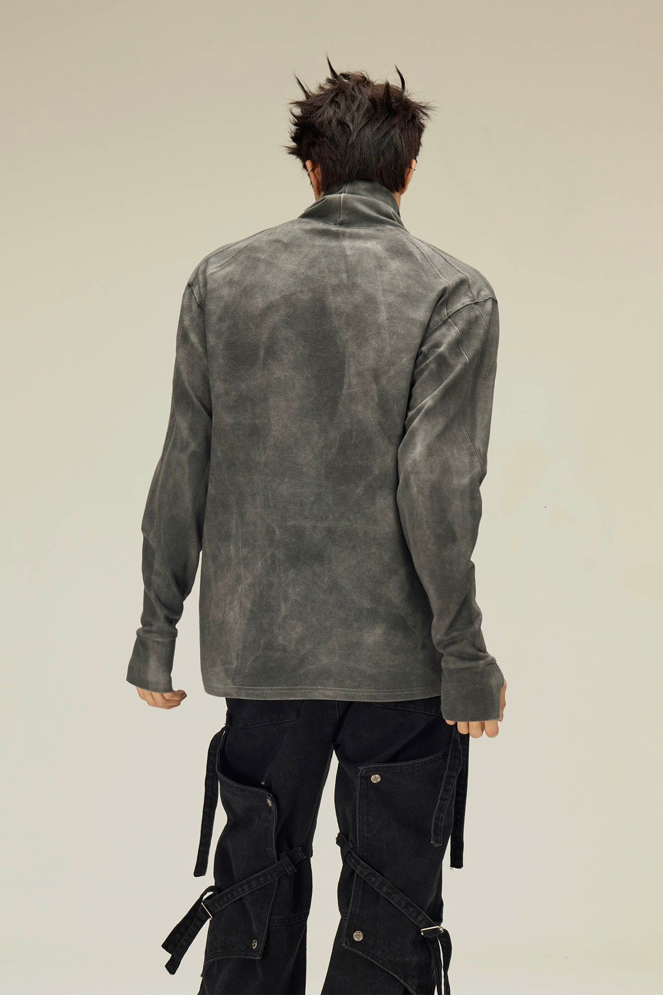 FLYERRER Distressed High-Neck Spliced Long-Sleeve Tee, premium urban and streetwear designers apparel on PROJECTISR.com, FLYERRER