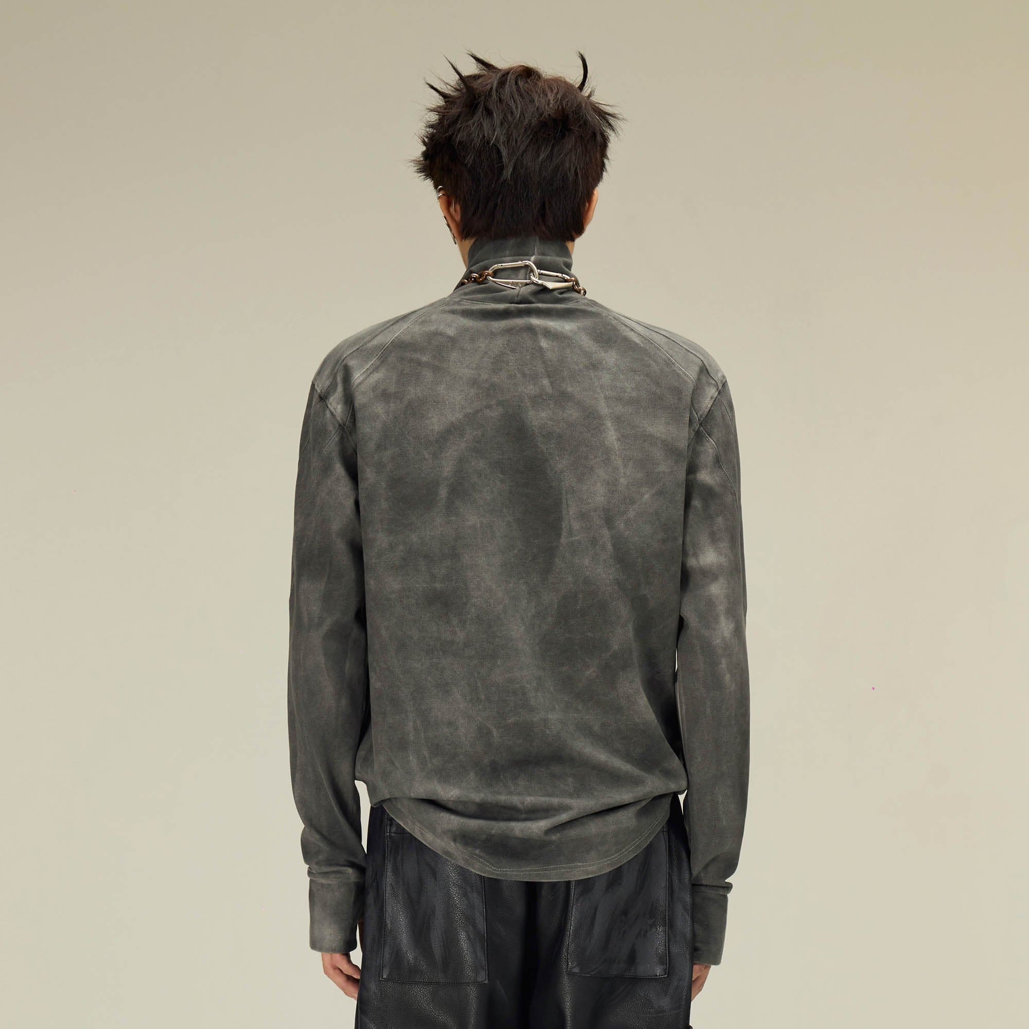 FLYERRER Distressed High-Neck Spliced Long-Sleeve Tee, premium urban and streetwear designers apparel on PROJECTISR.com, FLYERRER