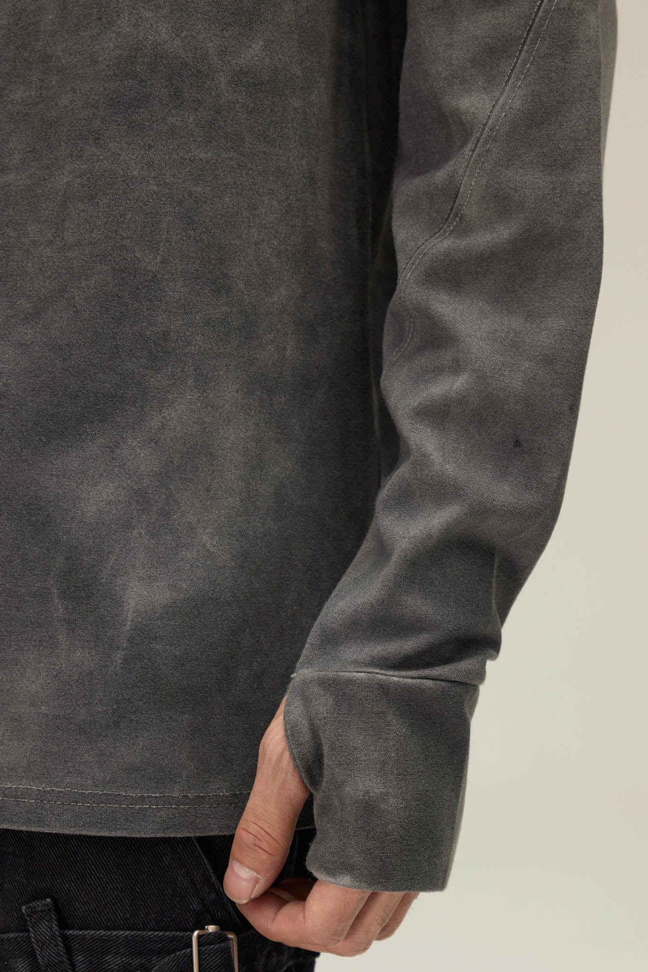 FLYERRER Distressed High-Neck Spliced Long-Sleeve Tee, premium urban and streetwear designers apparel on PROJECTISR.com, FLYERRER