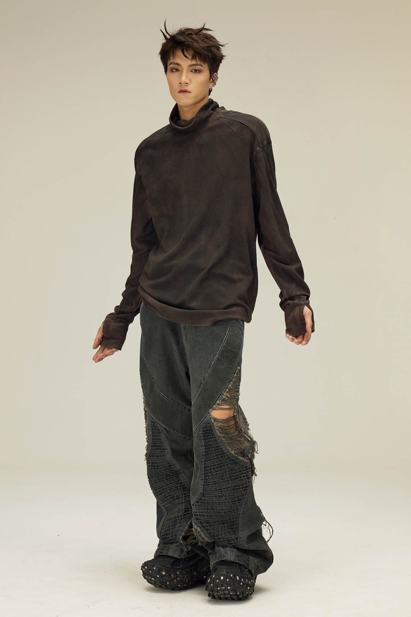 FLYERRER Distressed High-Neck Spliced Long-Sleeve Tee, premium urban and streetwear designers apparel on PROJECTISR.com, FLYERRER