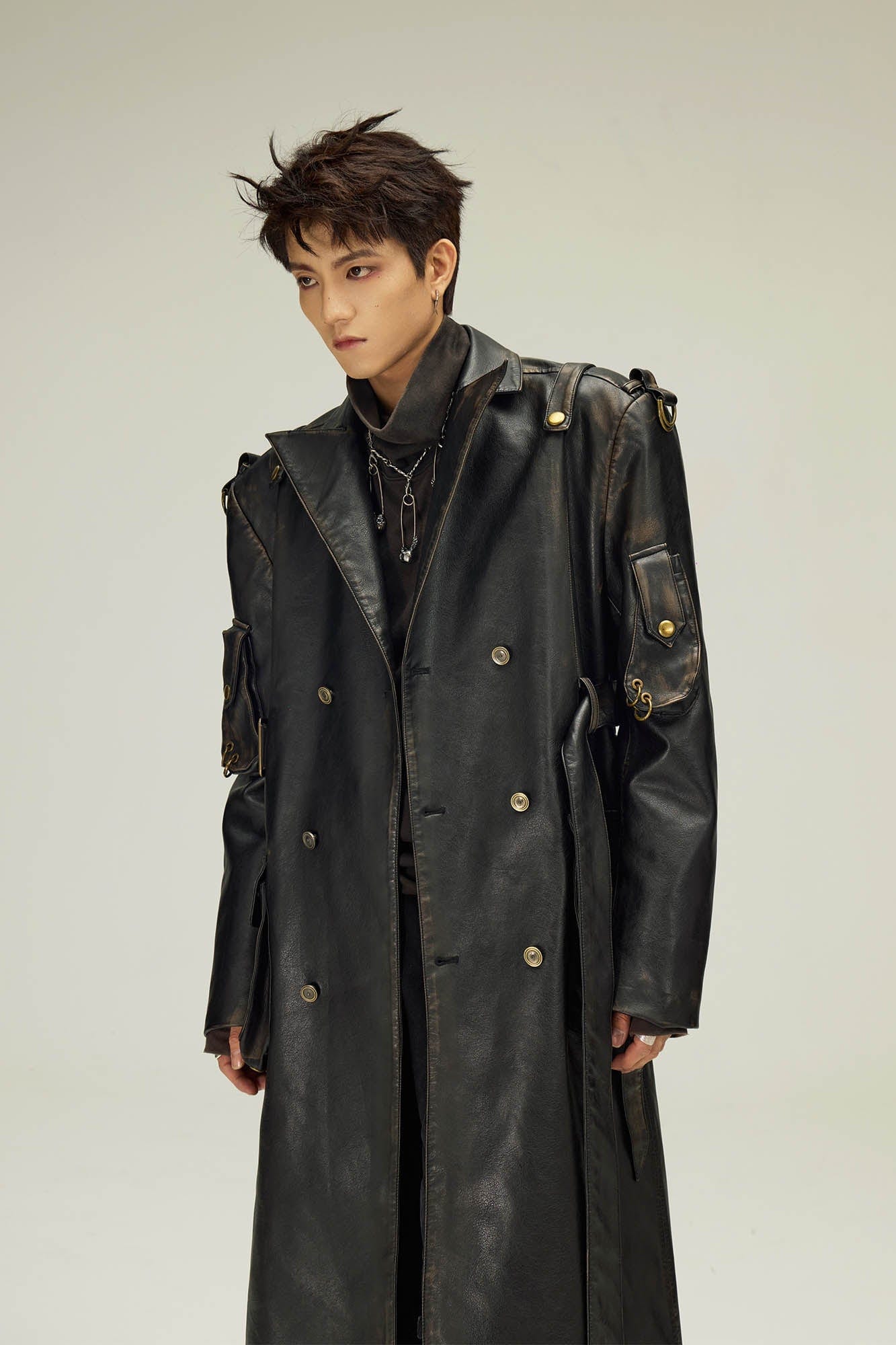 FLYERRER Multi-Pocket Belted Faux Leather Trench Coat, premium urban and streetwear designers apparel on PROJECTISR.com, FLYERRER