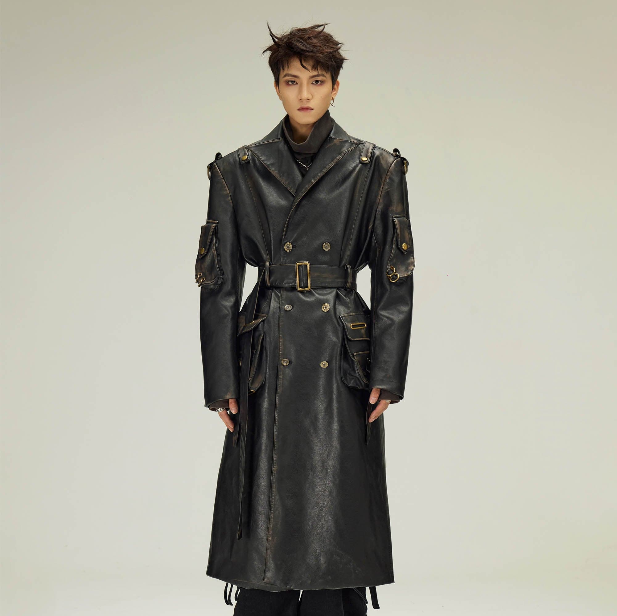 FLYERRER Multi-Pocket Belted Faux Leather Trench Coat, premium urban and streetwear designers apparel on PROJECTISR.com, FLYERRER