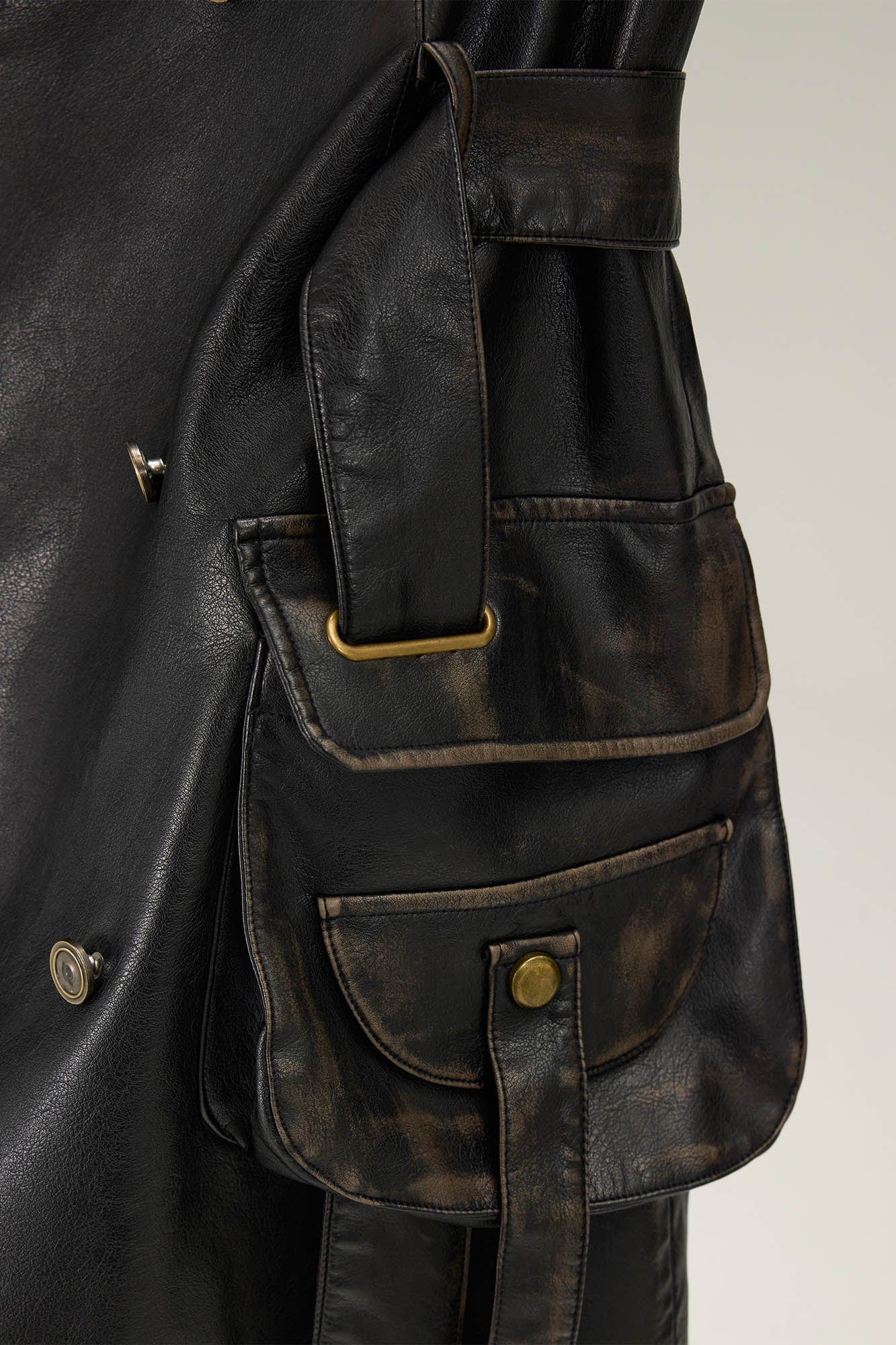 FLYERRER Multi-Pocket Belted Faux Leather Trench Coat, premium urban and streetwear designers apparel on PROJECTISR.com, FLYERRER