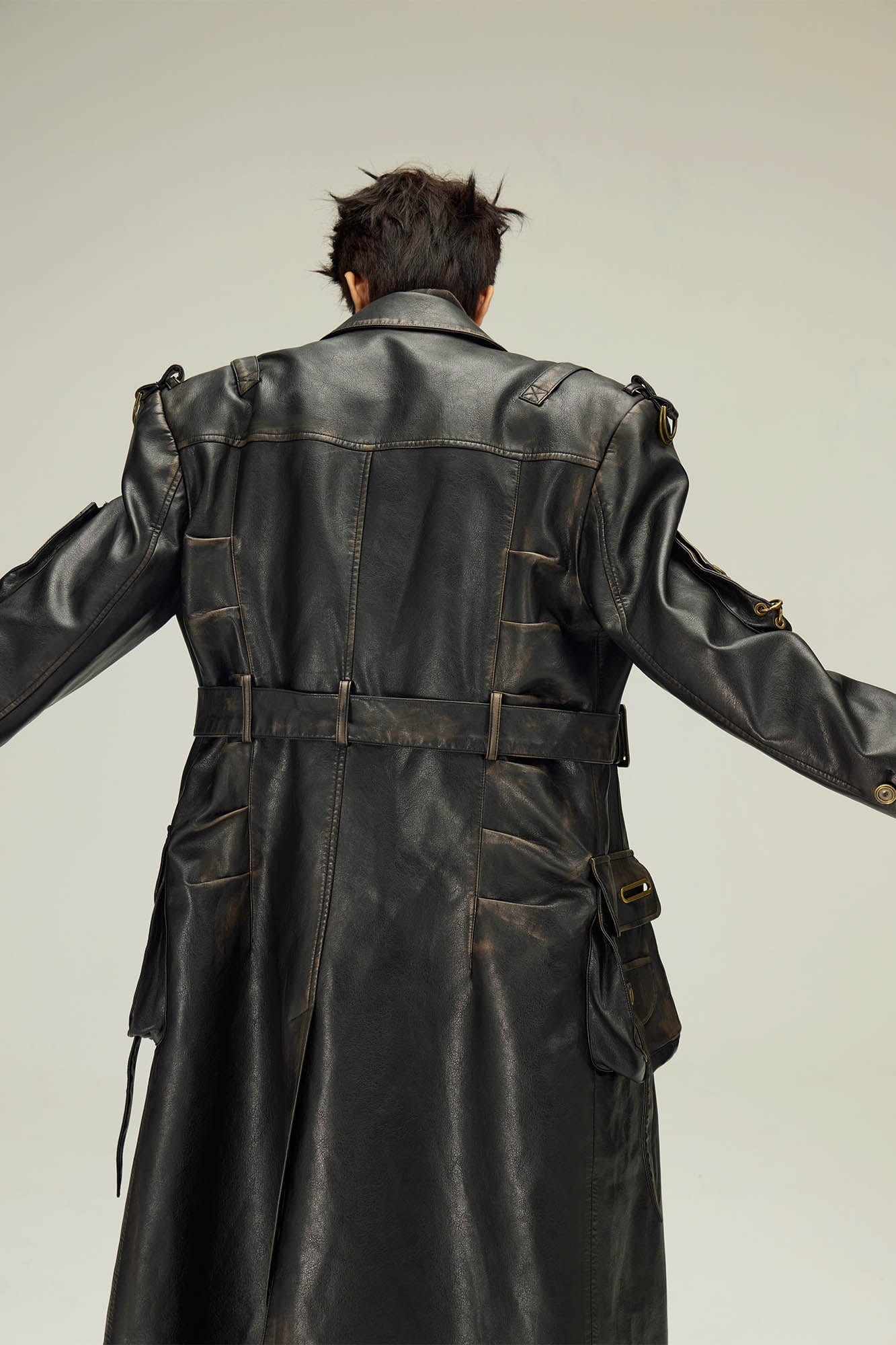 FLYERRER Multi-Pocket Belted Faux Leather Trench Coat, premium urban and streetwear designers apparel on PROJECTISR.com, FLYERRER