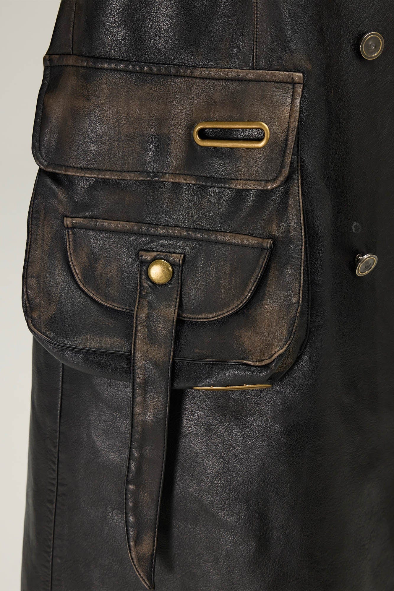 FLYERRER Multi-Pocket Belted Faux Leather Trench Coat, premium urban and streetwear designers apparel on PROJECTISR.com, FLYERRER