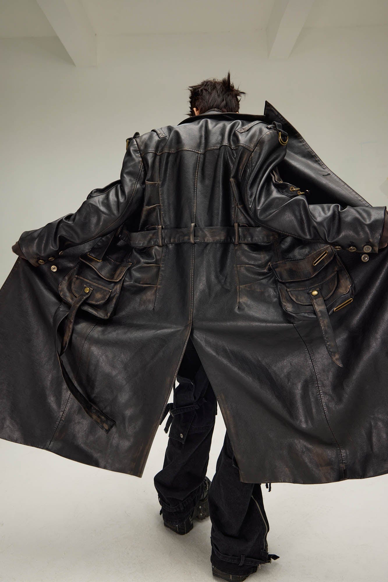 FLYERRER Multi-Pocket Belted Faux Leather Trench Coat, premium urban and streetwear designers apparel on PROJECTISR.com, FLYERRER