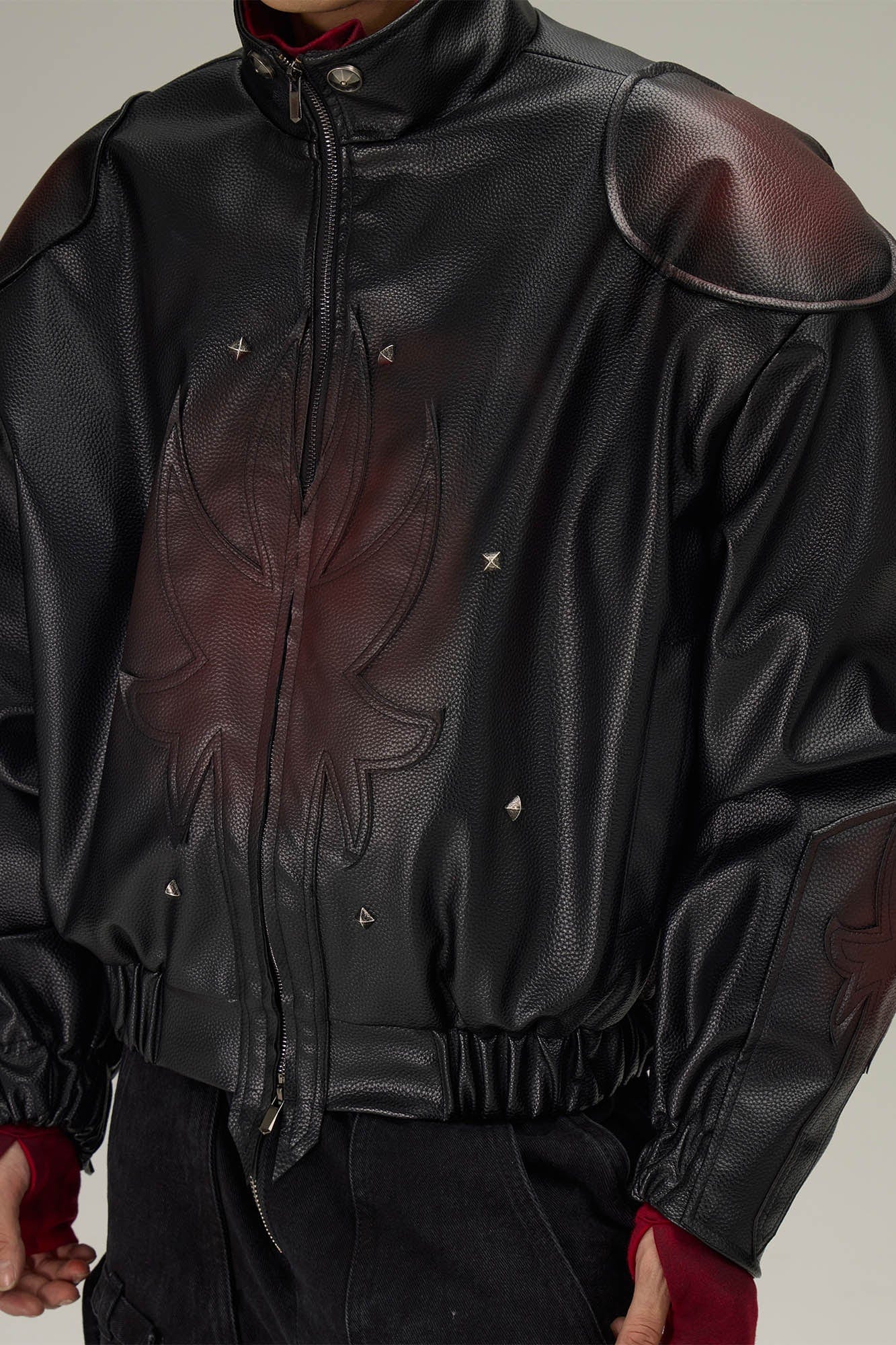 FLYERRER Flame Deconstructed Distressed Faux Leather Jacket, premium urban and streetwear designers apparel on PROJECTISR.com, FLYERRER