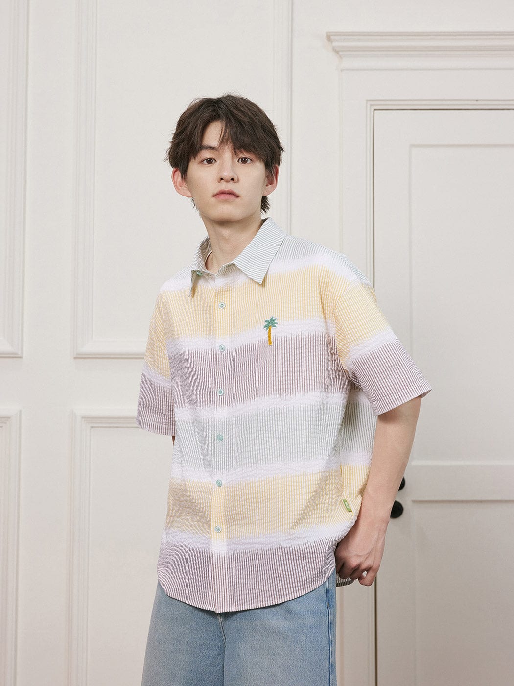 CONKLAB Coconut Tree Stripes Seersucker Half Shirt, premium urban and streetwear designers apparel on PROJECTISR.com, Conklab