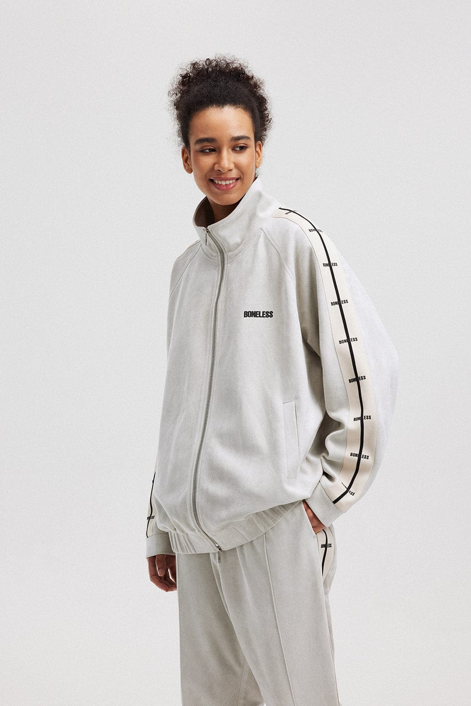 BONELESS Contrasted Striped Faux Suede Jacket, premium urban and streetwear designers apparel on PROJECTISR.com, BONELESS