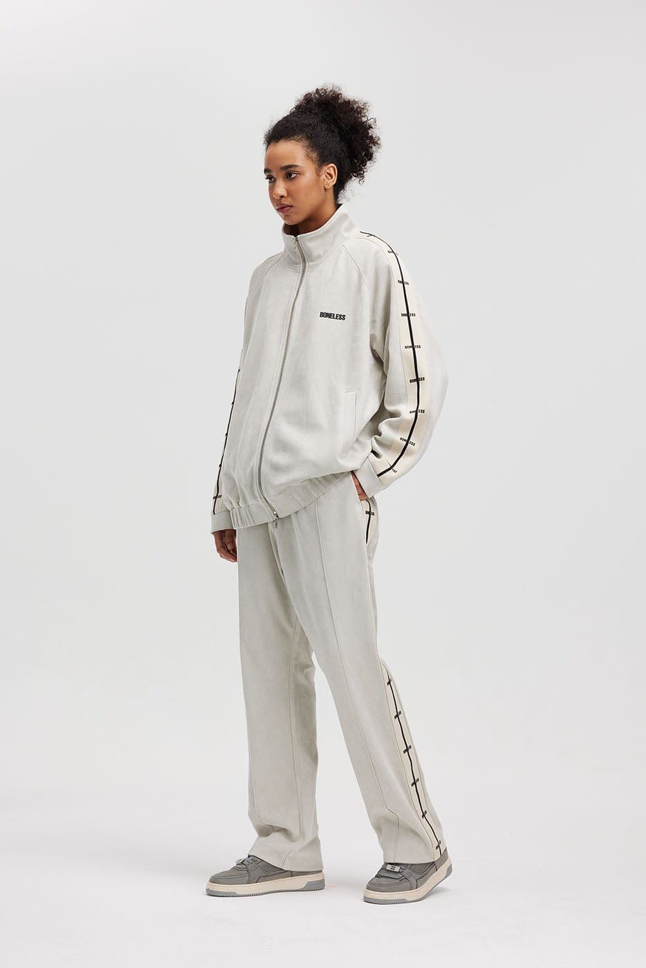 BONELESS Contrasted Striped Faux Suede Jacket, premium urban and streetwear designers apparel on PROJECTISR.com, BONELESS