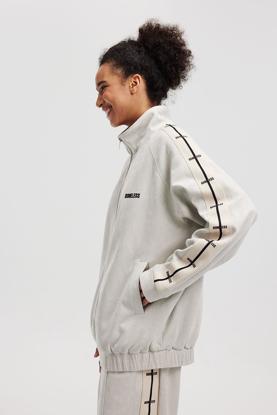 BONELESS Contrasted Striped Faux Suede Jacket, premium urban and streetwear designers apparel on PROJECTISR.com, BONELESS