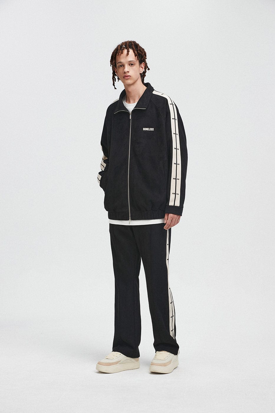 BONELESS Contrasted Striped Faux Suede Jacket, premium urban and streetwear designers apparel on PROJECTISR.com, BONELESS