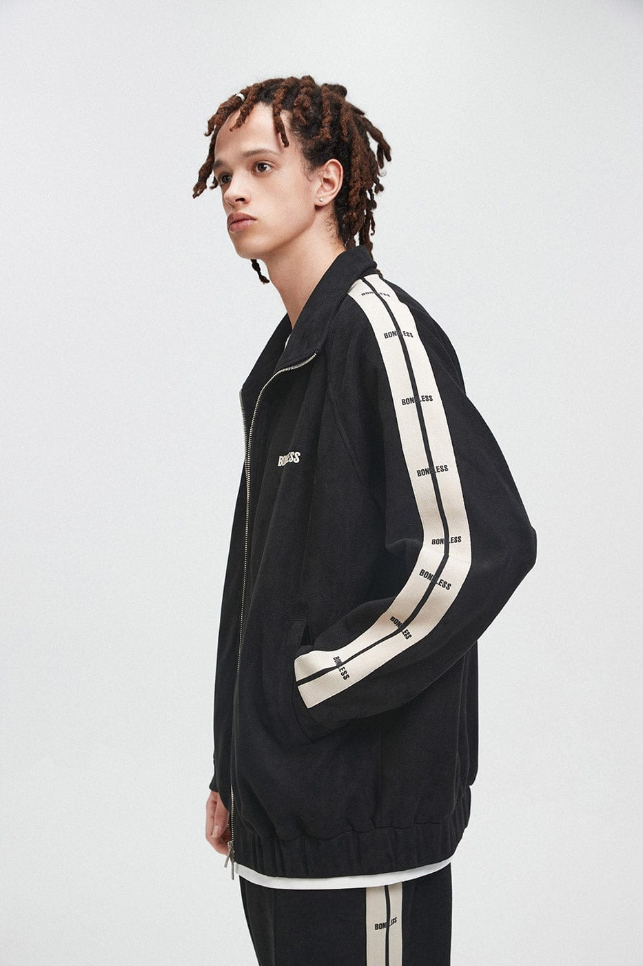 BONELESS Contrasted Striped Faux Suede Jacket, premium urban and streetwear designers apparel on PROJECTISR.com, BONELESS