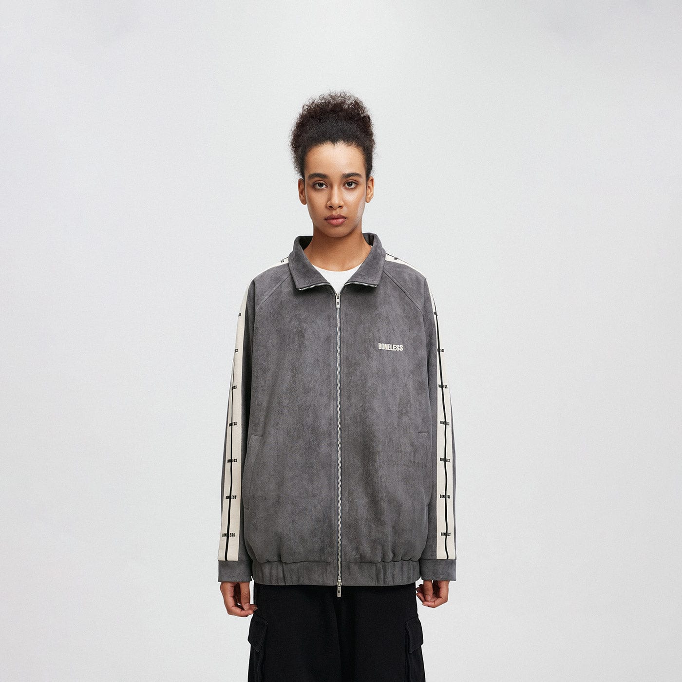 BONELESS Contrasted Striped Faux Suede Jacket, premium urban and streetwear designers apparel on PROJECTISR.com, BONELESS