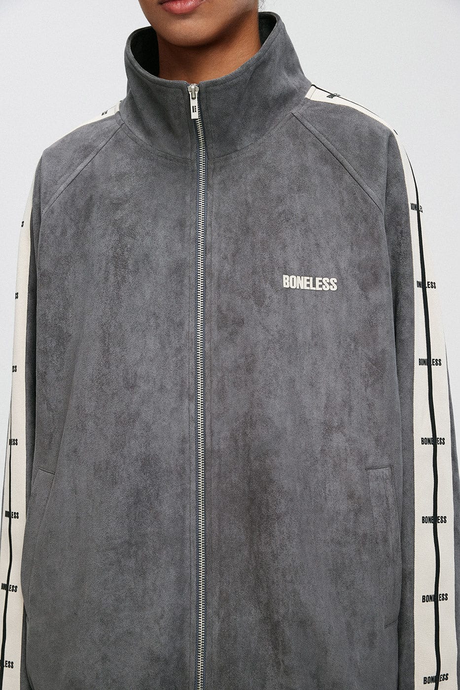BONELESS Contrasted Striped Faux Suede Jacket, premium urban and streetwear designers apparel on PROJECTISR.com, BONELESS
