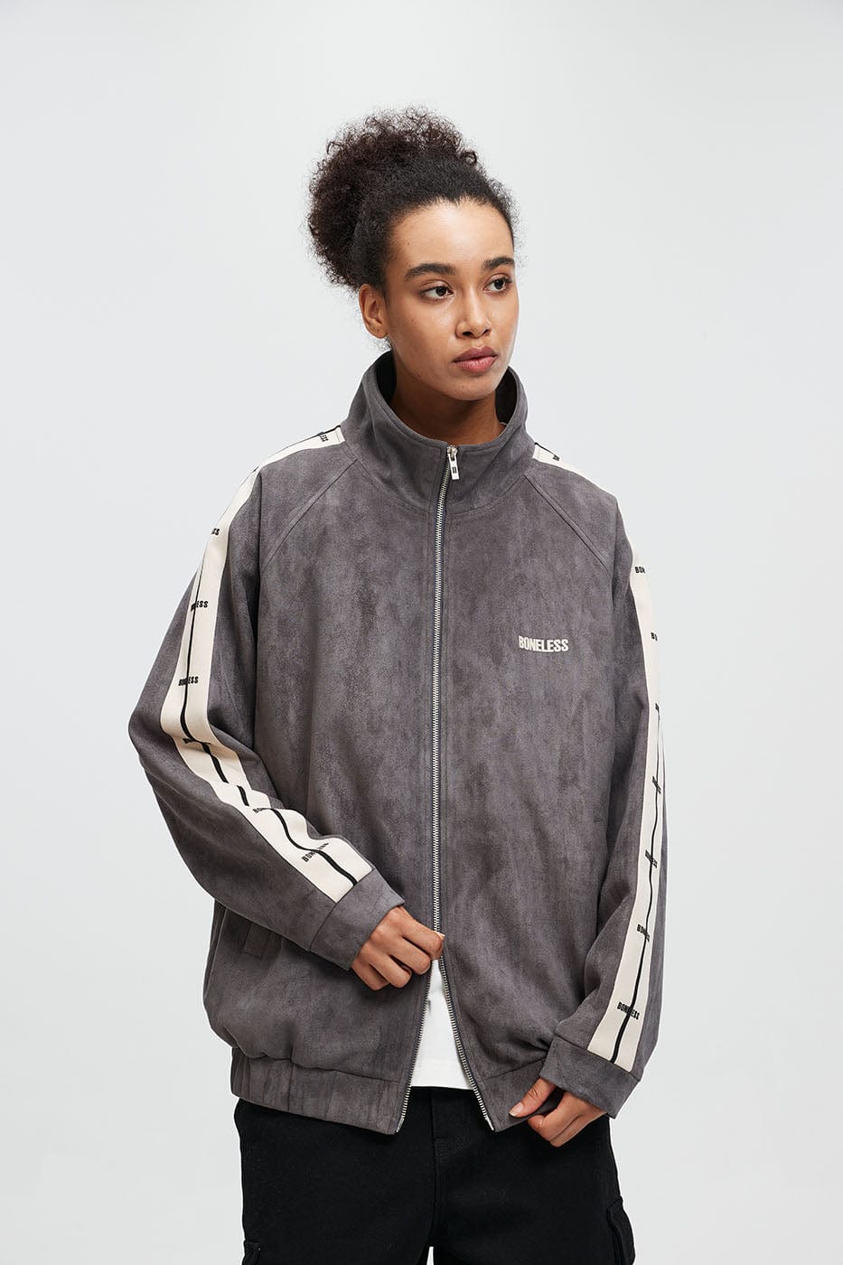 BONELESS Contrasted Striped Faux Suede Jacket, premium urban and streetwear designers apparel on PROJECTISR.com, BONELESS
