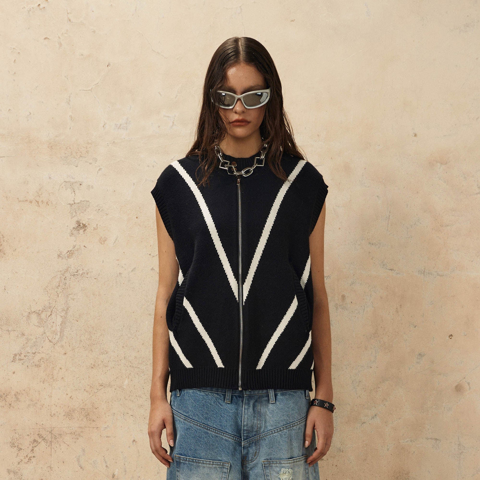 OVDY Chevron Stripe Zip-Up Knit Vest, premium urban and streetwear designers apparel on PROJECTISR.com, OVDY