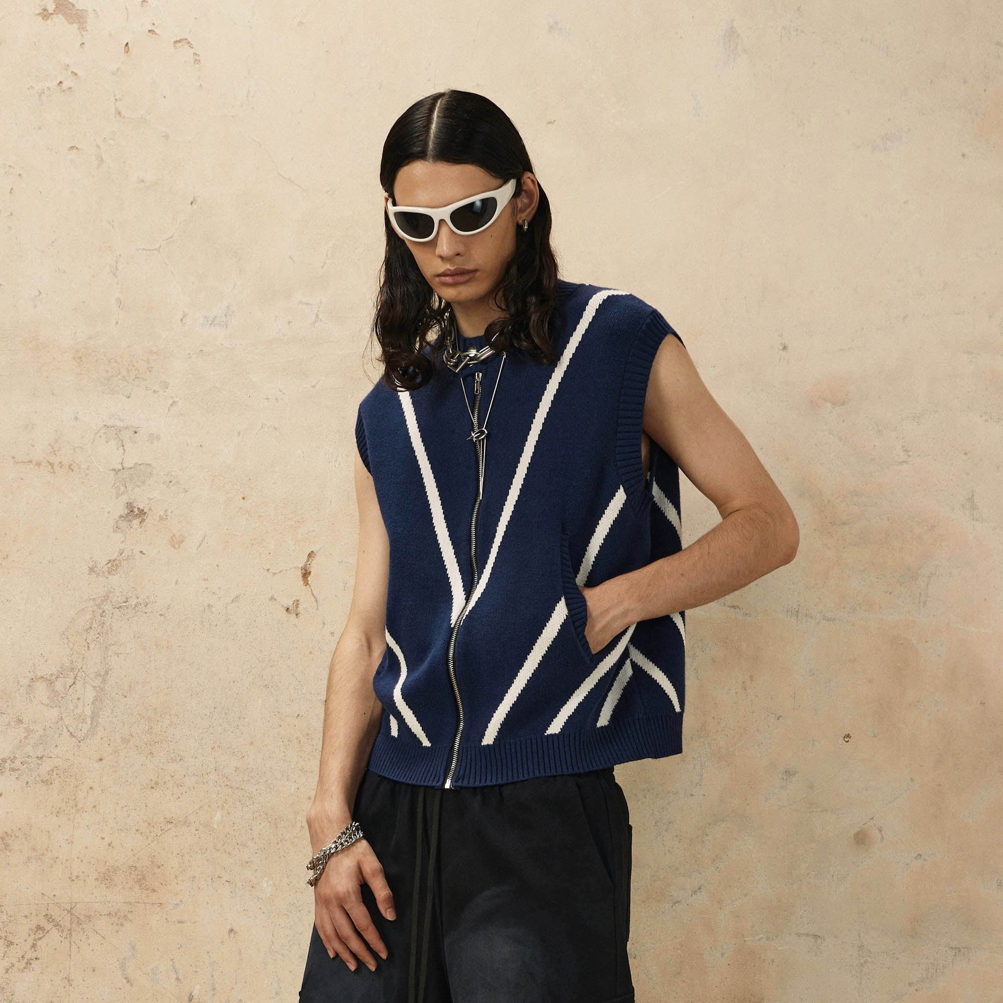 OVDY Chevron Stripe Zip-Up Knit Vest, premium urban and streetwear designers apparel on PROJECTISR.com, OVDY