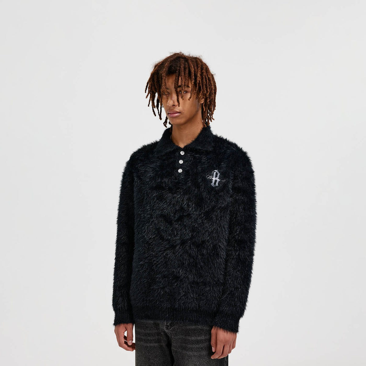 BONELESS Mohair Embroidered Logo Polo Sweater, premium urban and streetwear designers apparel on PROJECTISR.com, BONELESS