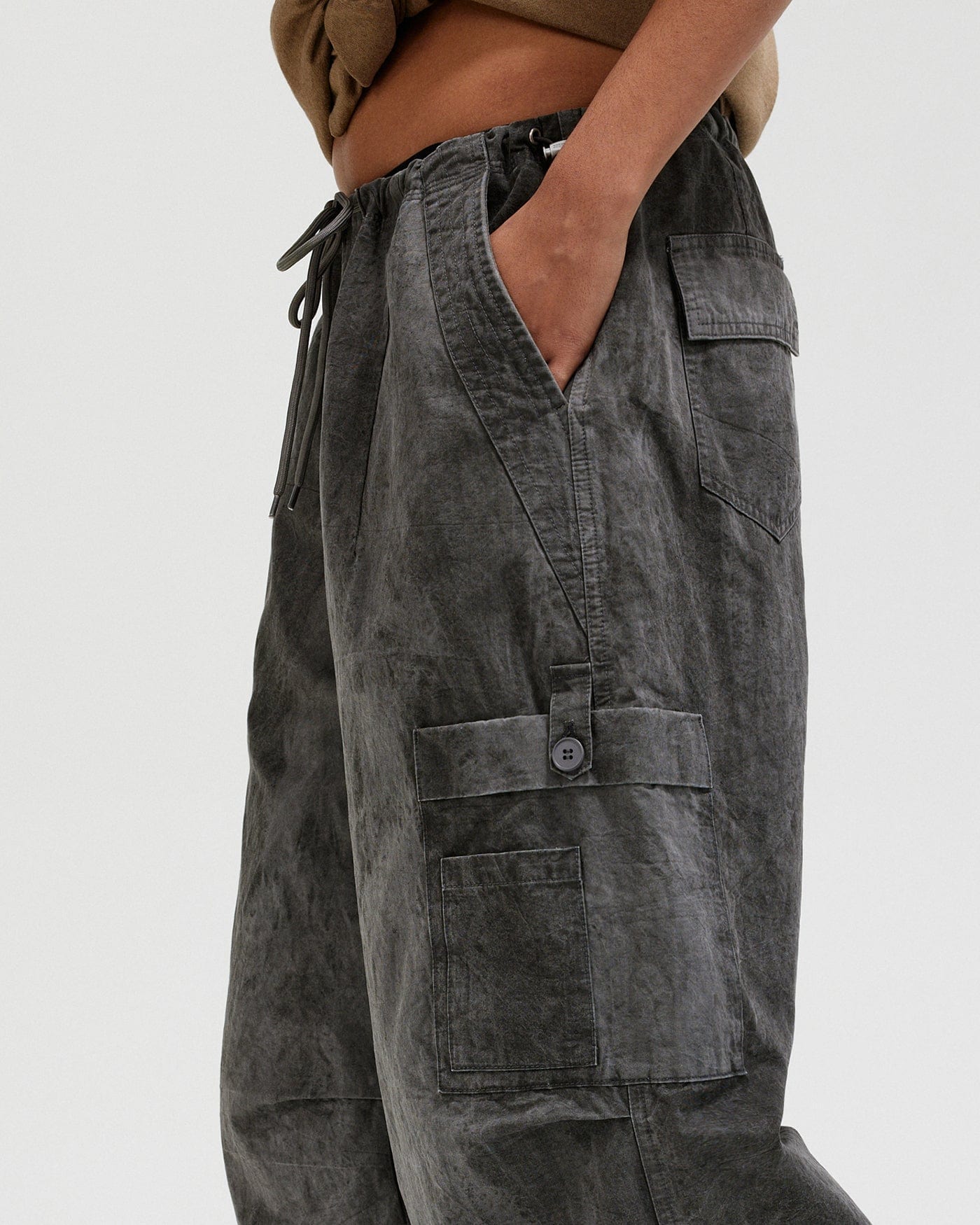 BONELESS Washed Multi-Pocket Crinkled Cargo Pants, premium urban and streetwear designers apparel on PROJECTISR.com, BONELESS