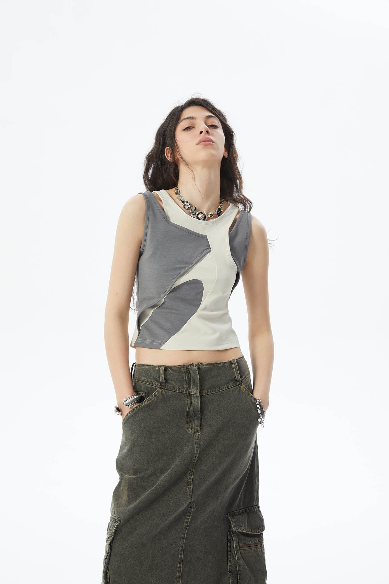 ERROR CODE ROBOT Asymmetrical Contrast Layered Tank Top, premium urban and streetwear designers apparel on PROJECTISR.com, ERROR CODE ROBOT