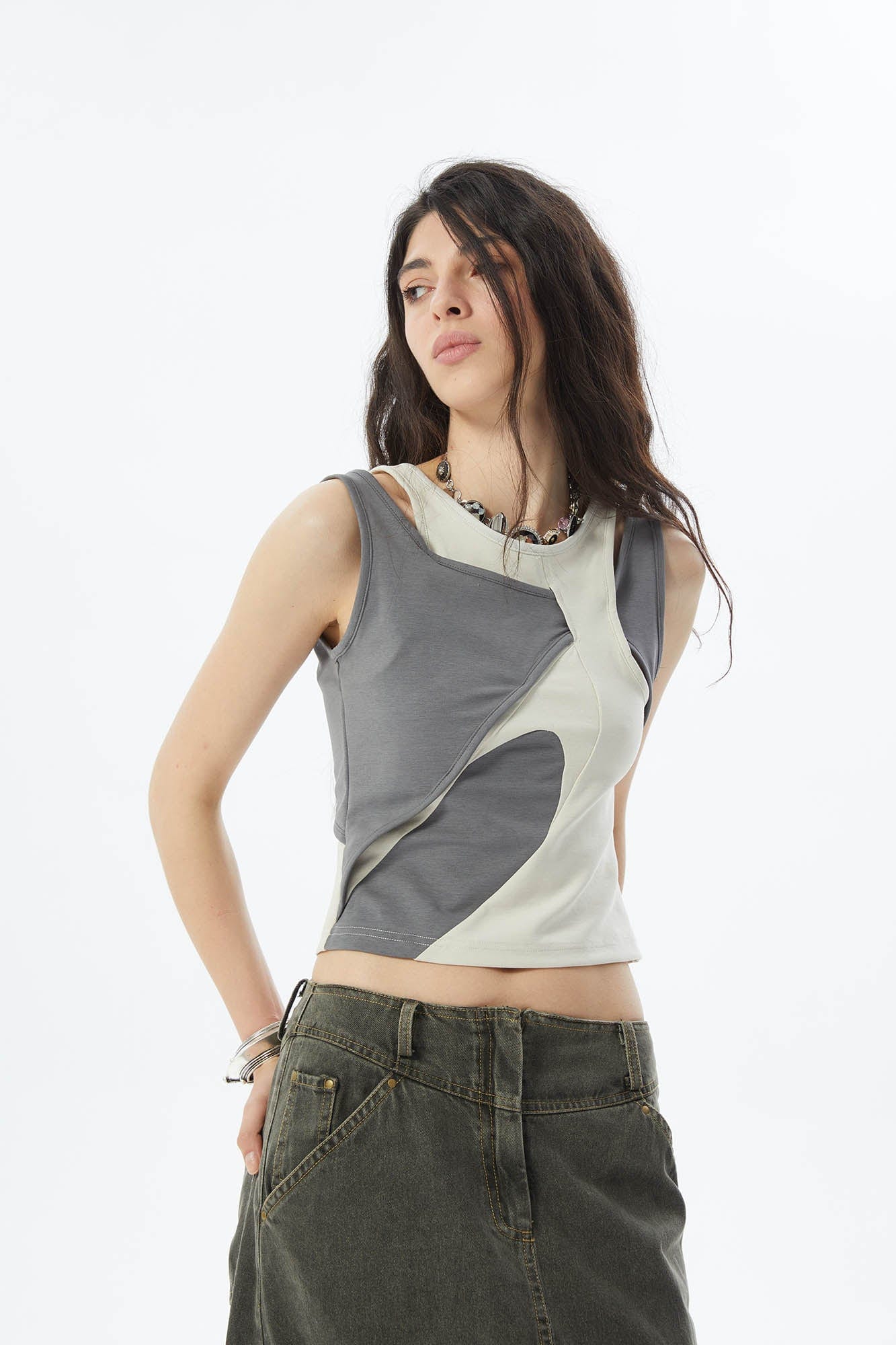 ERROR CODE ROBOT Asymmetrical Contrast Layered Tank Top, premium urban and streetwear designers apparel on PROJECTISR.com, ERROR CODE ROBOT