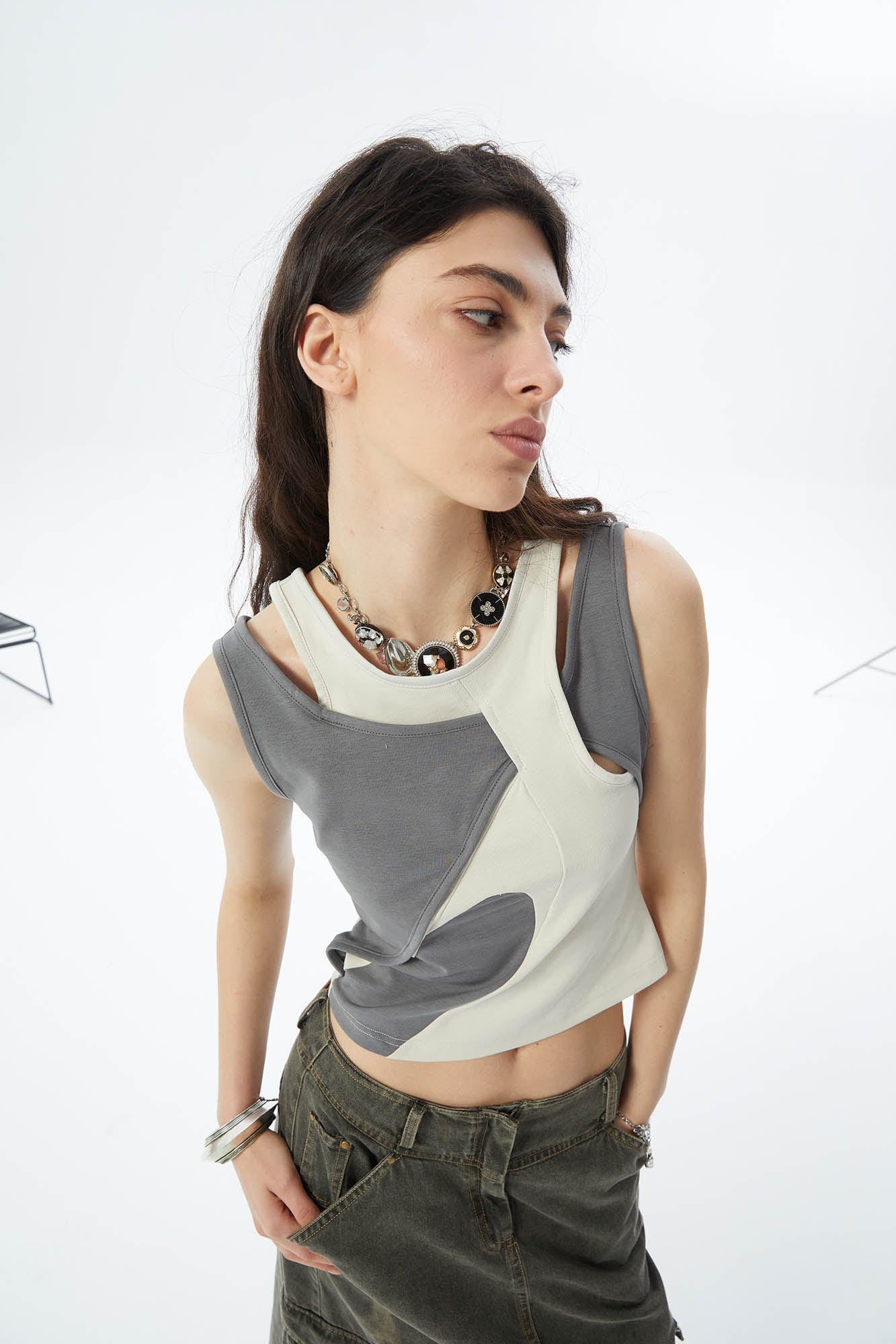 ERROR CODE ROBOT Asymmetrical Contrast Layered Tank Top, premium urban and streetwear designers apparel on PROJECTISR.com, ERROR CODE ROBOT