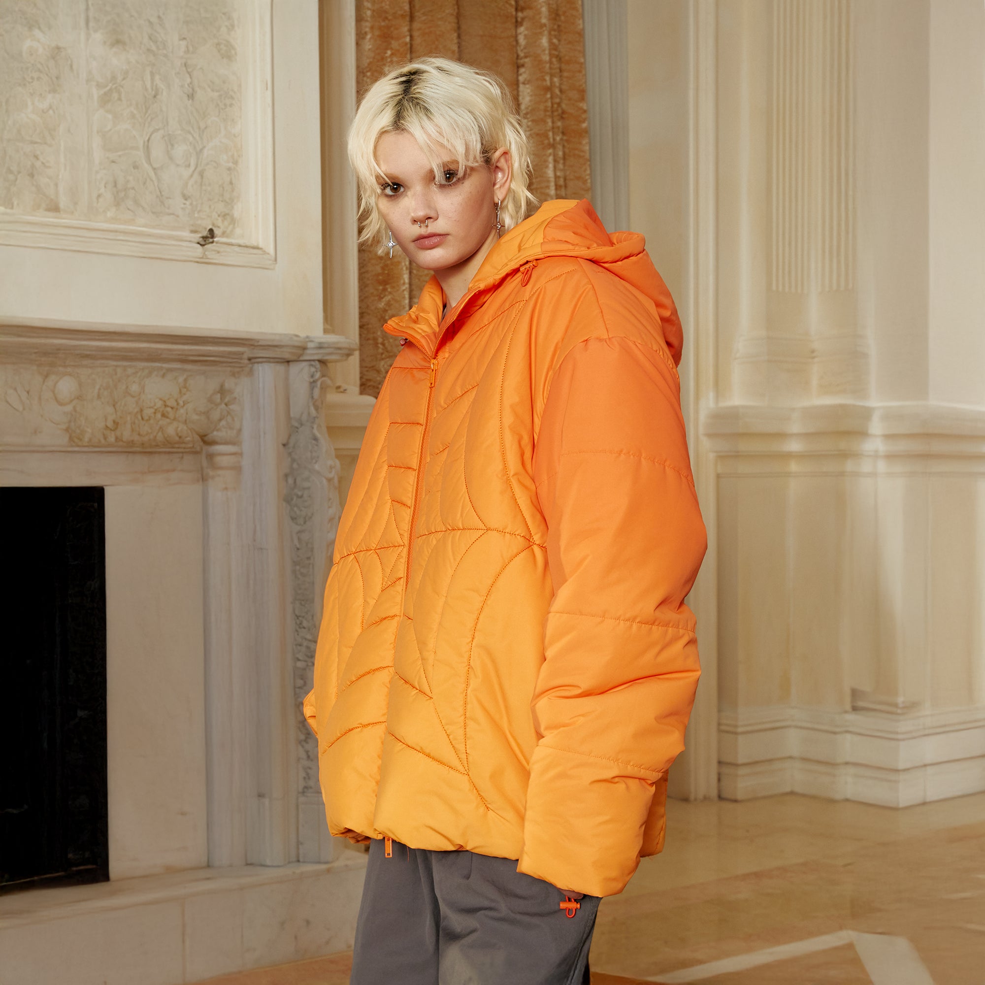 DONSMOKE Spider Web Quilt Hooded Puffer Jacket