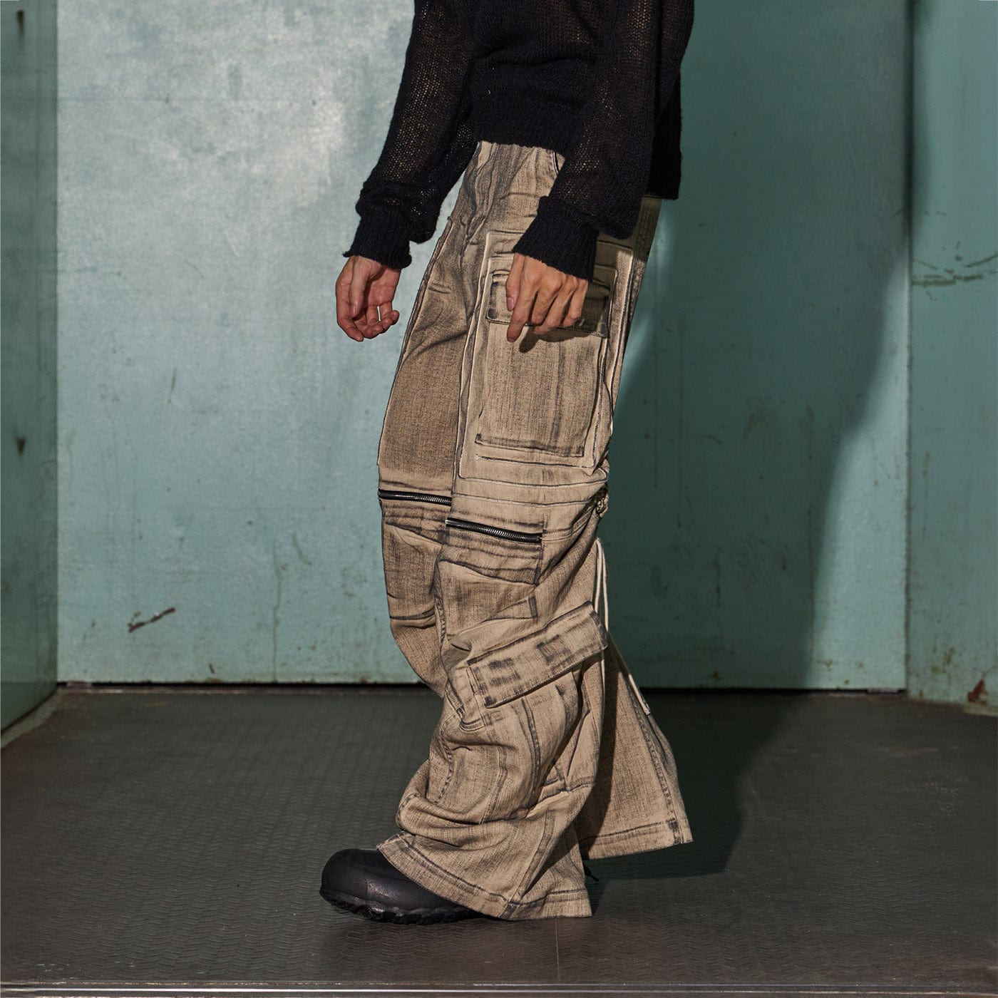 DND4DES Distressed Drawstring Crinkled Zipper Cargo, premium urban and streetwear designers apparel on PROJECTISR.com, DND4DES