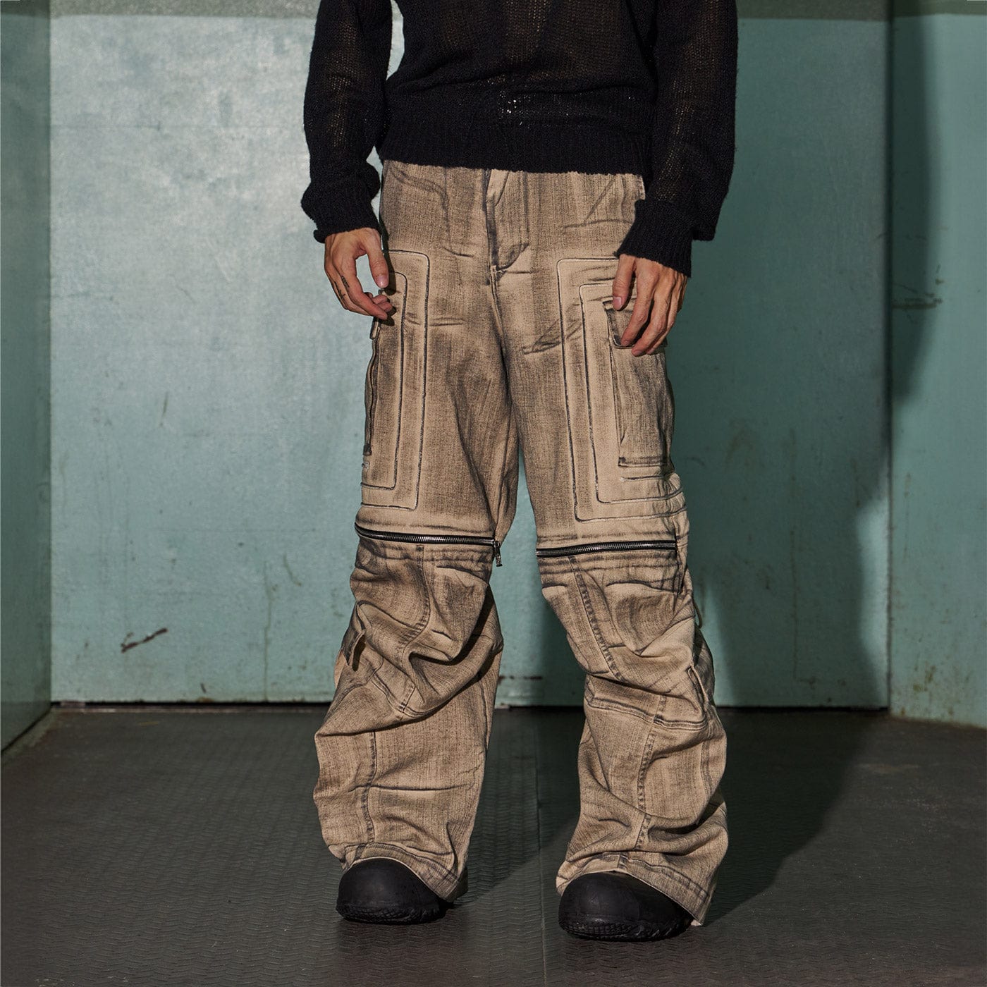 DND4DES Distressed Drawstring Crinkled Zipper Cargo, premium urban and streetwear designers apparel on PROJECTISR.com, DND4DES