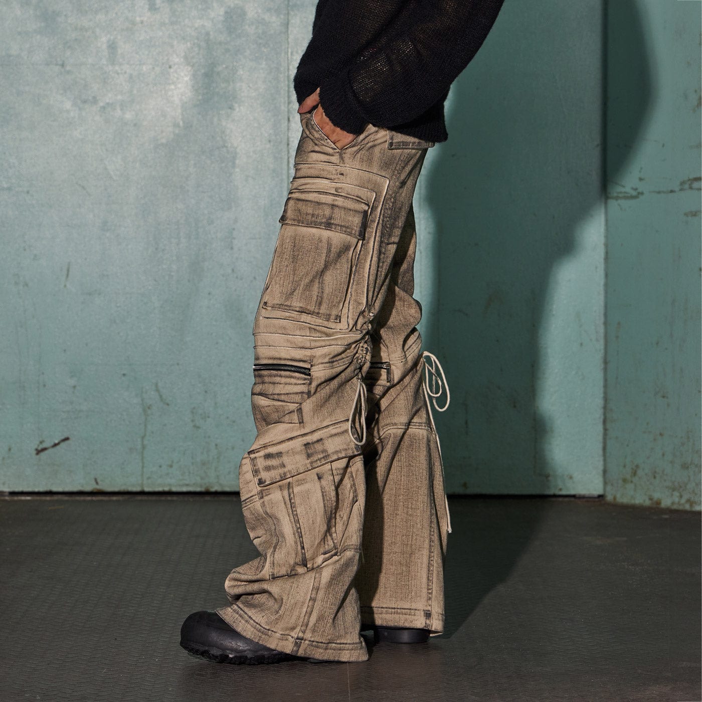 DND4DES Distressed Drawstring Crinkled Zipper Cargo, premium urban and streetwear designers apparel on PROJECTISR.com, DND4DES