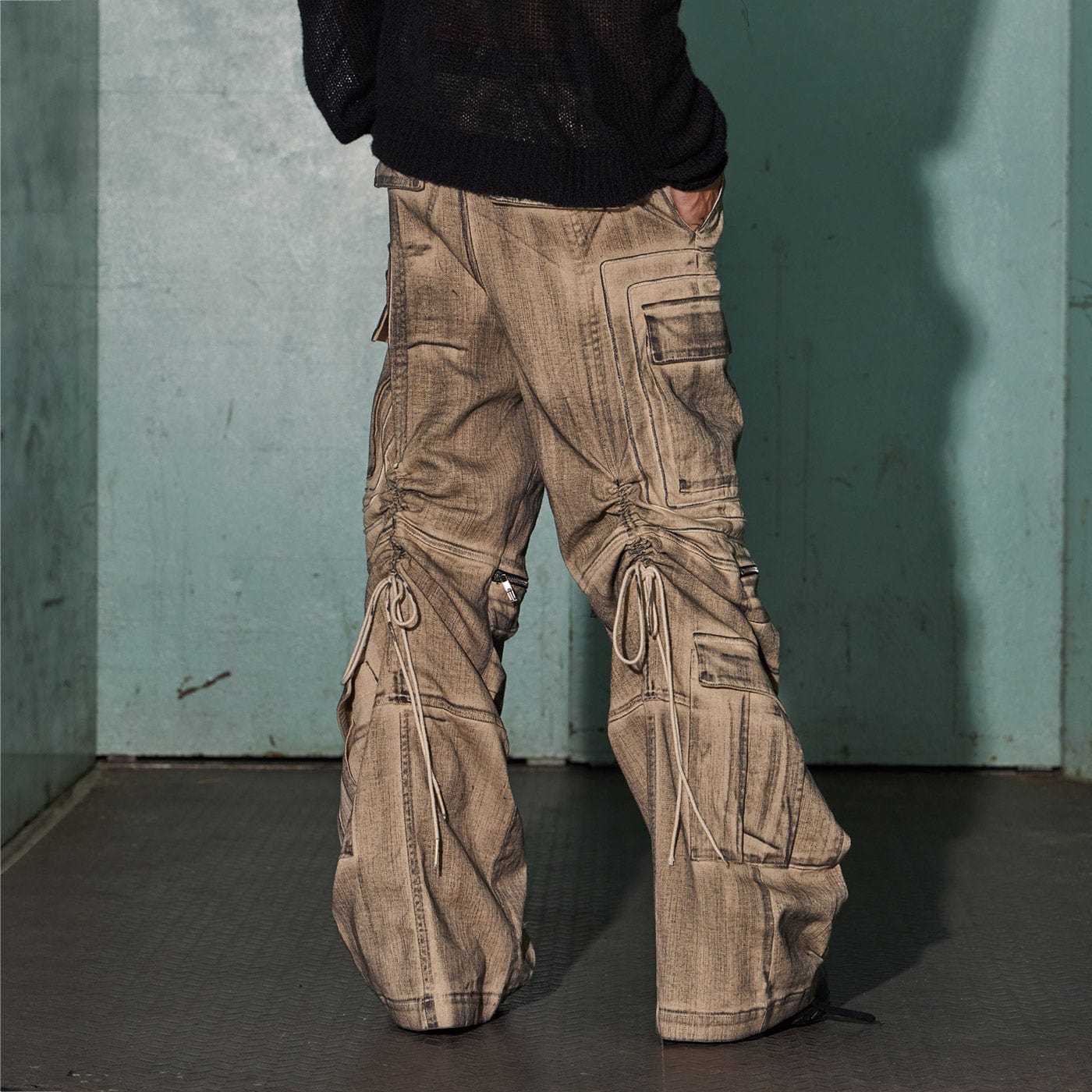 DND4DES Distressed Drawstring Crinkled Zipper Cargo, premium urban and streetwear designers apparel on PROJECTISR.com, DND4DES