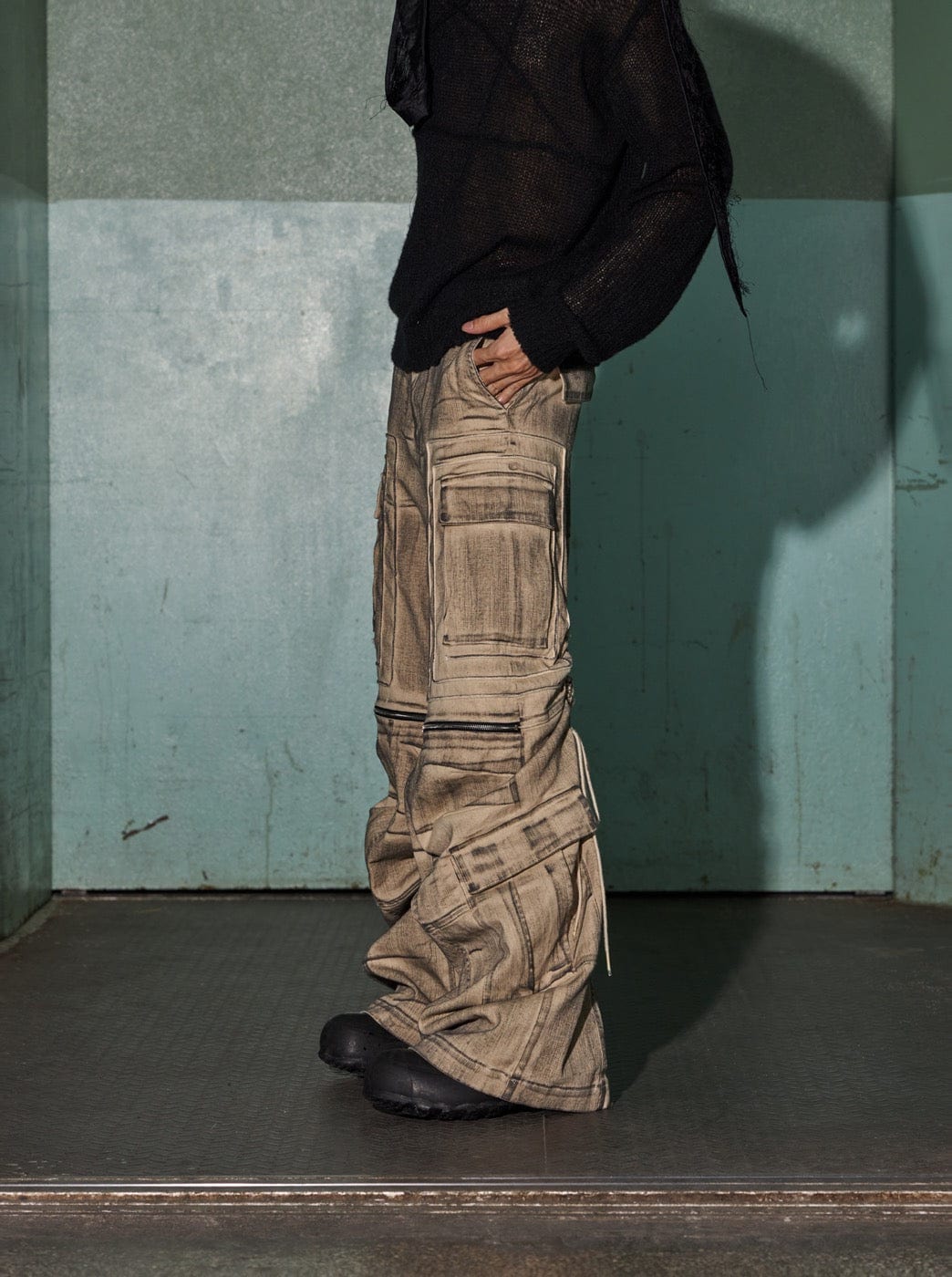 DND4DES Distressed Drawstring Crinkled Zipper Cargo, premium urban and streetwear designers apparel on PROJECTISR.com, DND4DES