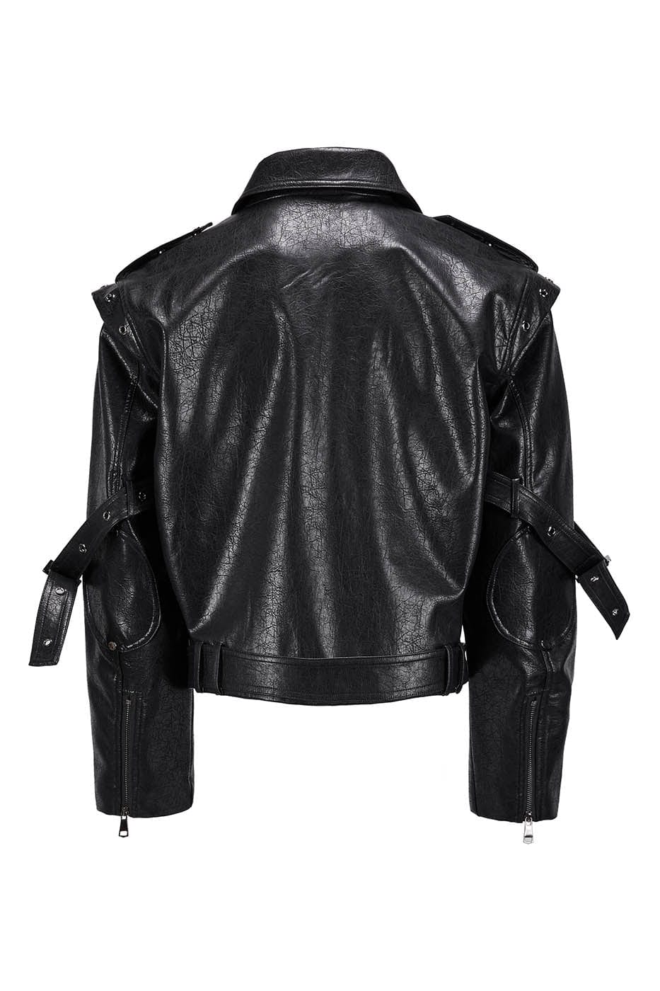 FLYERRER Asymmetrical Hoop-Hole Faux Leather Jacket, premium urban and streetwear designers apparel on PROJECTISR.com, FLYERRER