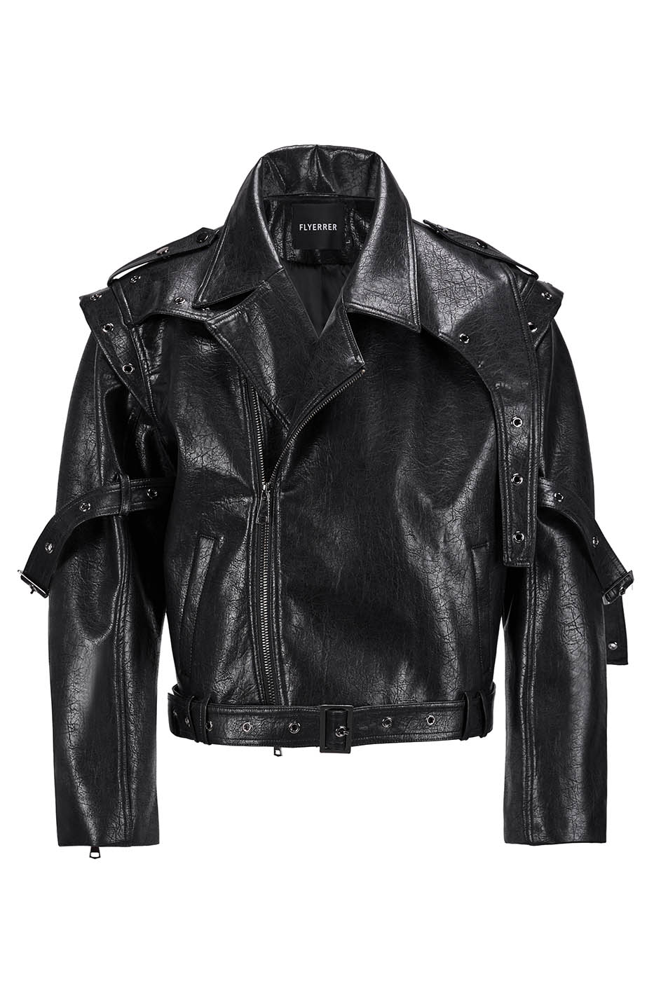 FLYERRER Asymmetrical Hoop-Hole Faux Leather Jacket, premium urban and streetwear designers apparel on PROJECTISR.com, FLYERRER