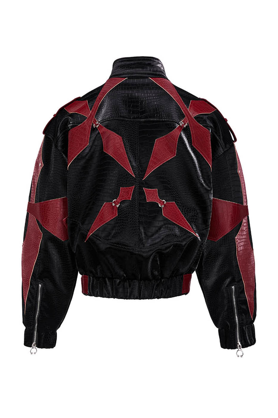 FLYERRER Four-Pointed Star Rivet Faux Feather Biker Jacket Red, premium urban and streetwear designers apparel on PROJECTISR.com, FLYERRER