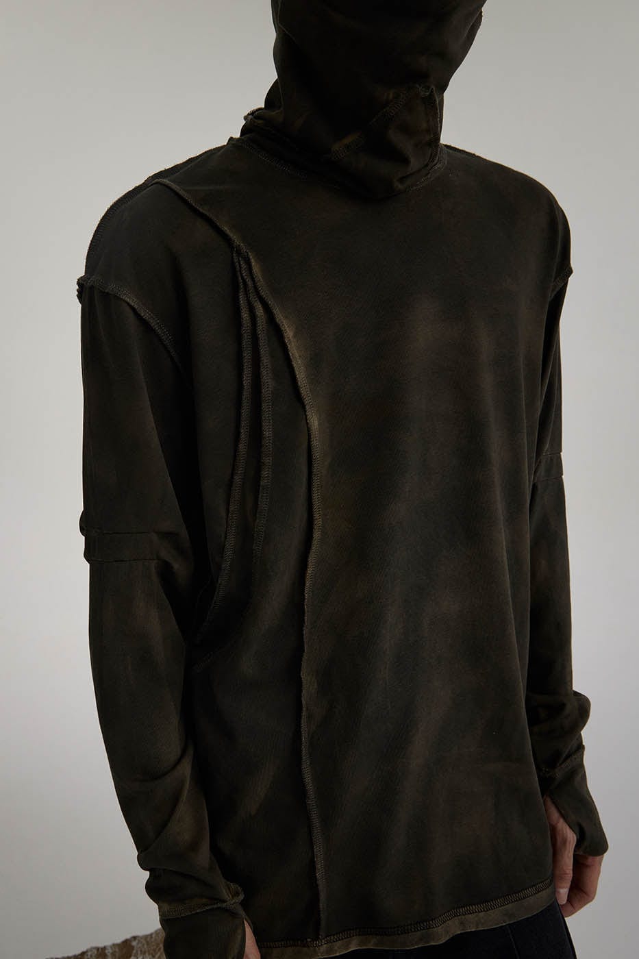 FLYERRER Distressed Reversible Spliced High-Neck L/S Tee, premium urban and streetwear designers apparel on PROJECTISR.com, FLYERRER