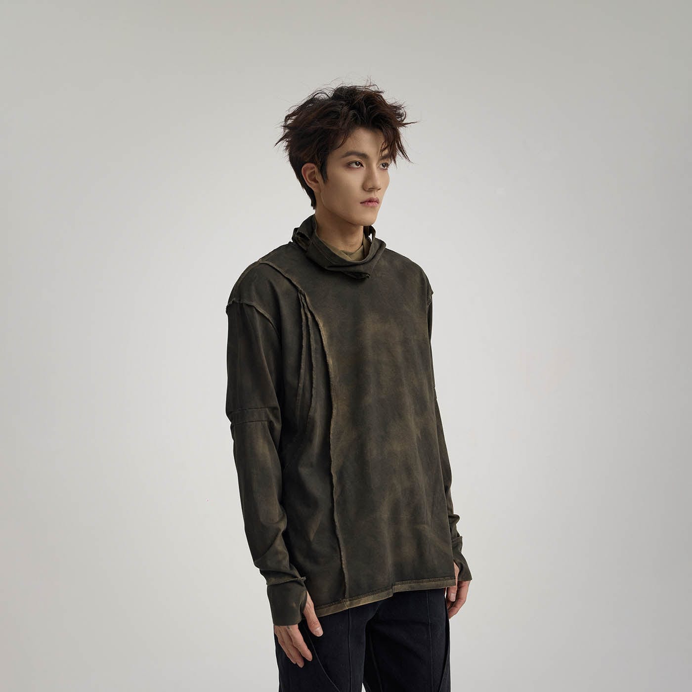 FLYERRER Distressed Reversible Spliced High-Neck L/S Tee, premium urban and streetwear designers apparel on PROJECTISR.com, FLYERRER