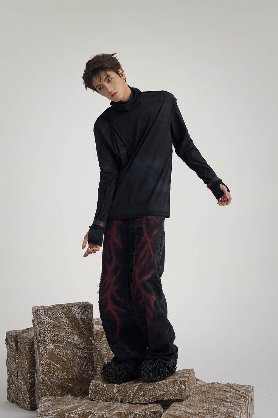 FLYERRER Distressed Reversible Spliced High-Neck L/S Tee, premium urban and streetwear designers apparel on PROJECTISR.com, FLYERRER